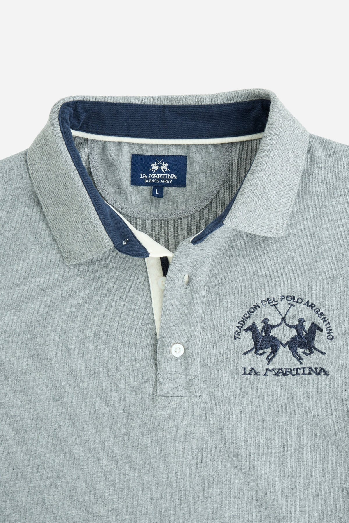 Men's long-sleeve polo in soft cotton jersey with contrasting gabardine collar, ribbed details, multicolor striped placket, and embroidered team logo for comfor - Medium Heather Grey