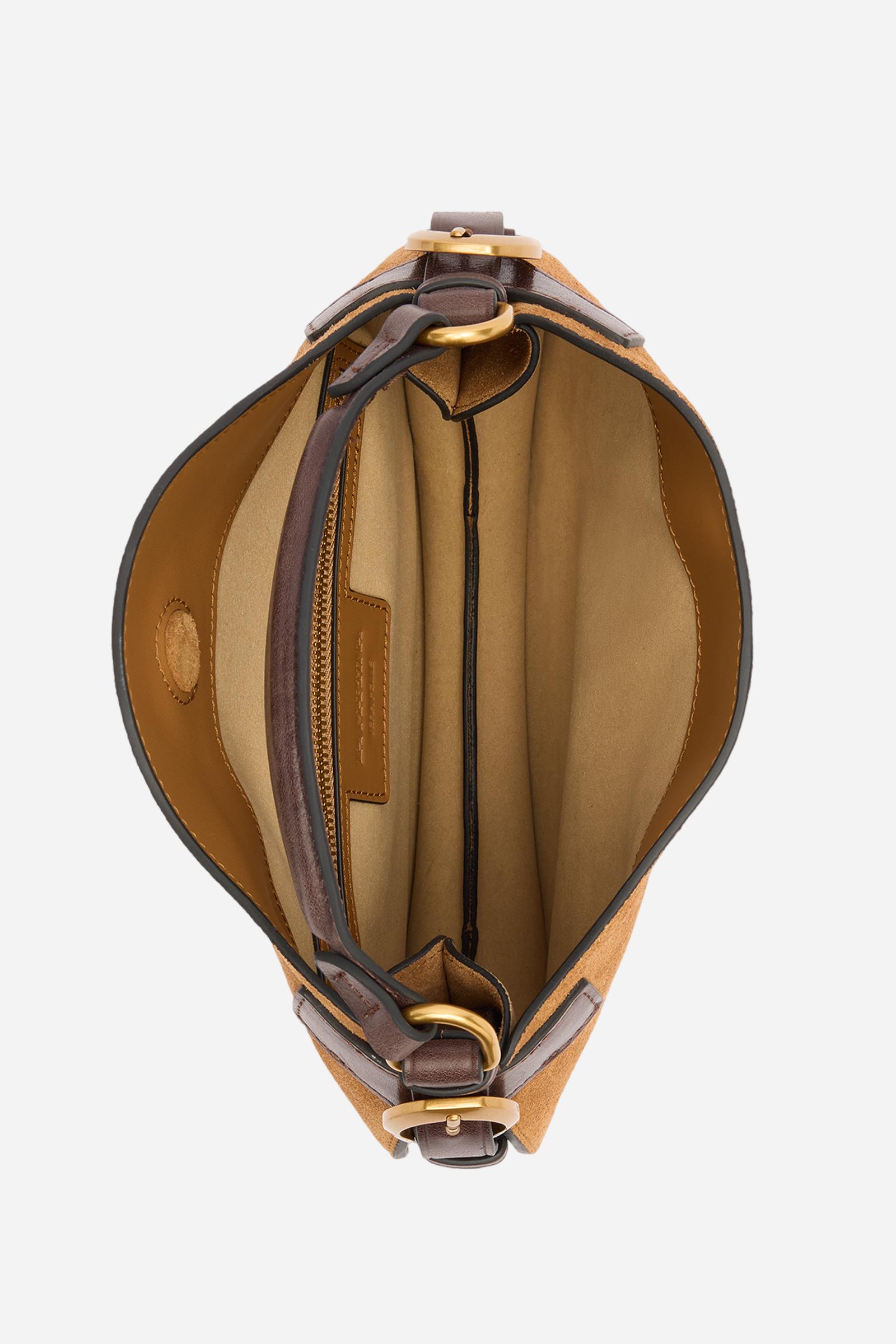 Large suede crescent bag with contrasting leather handles and strap. Features La Martina metal logo on the front. - HONEY/DARK CHOCOLATE