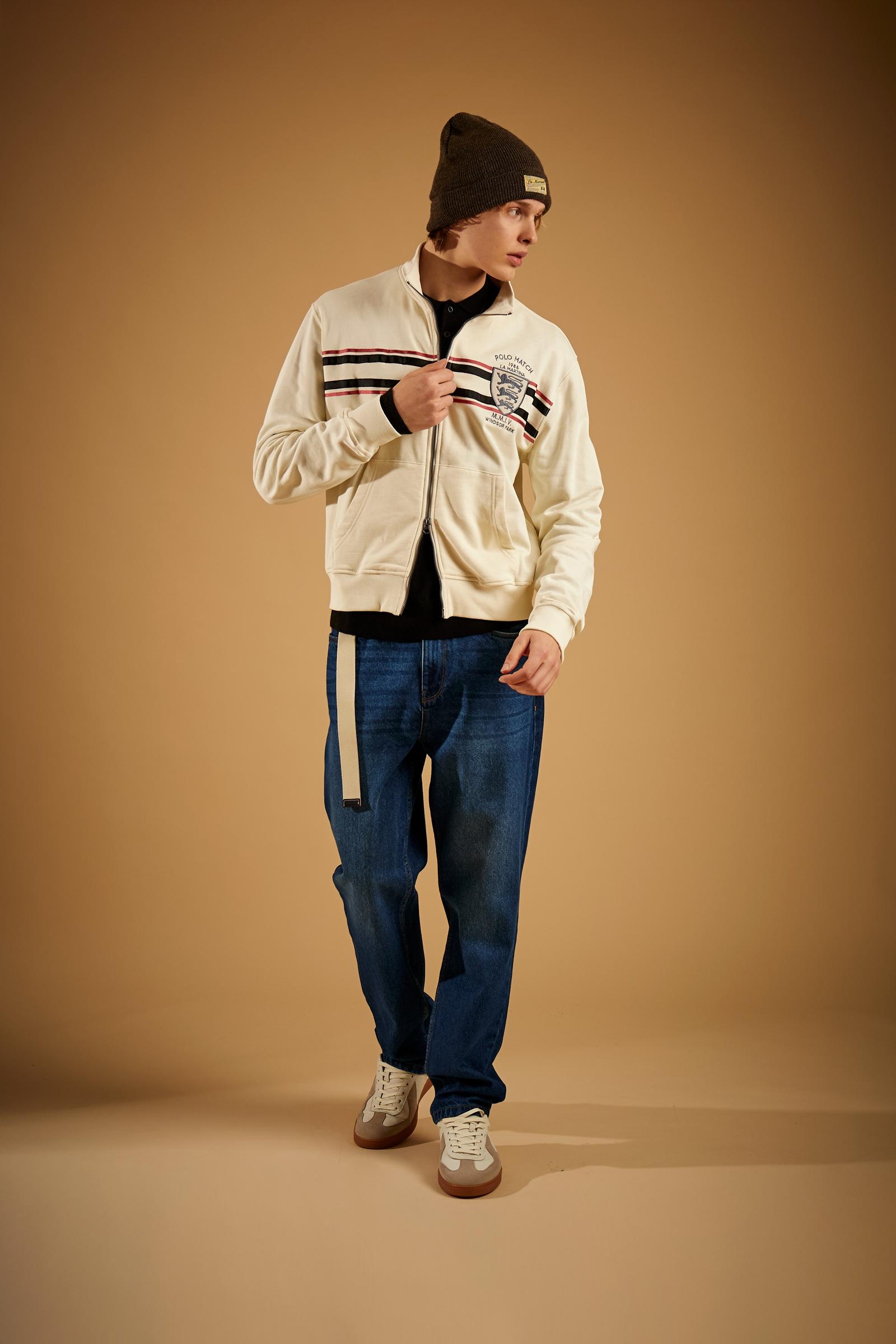Men's full-zip sweatshirt in brushed cotton with rugby stripes - Didier
