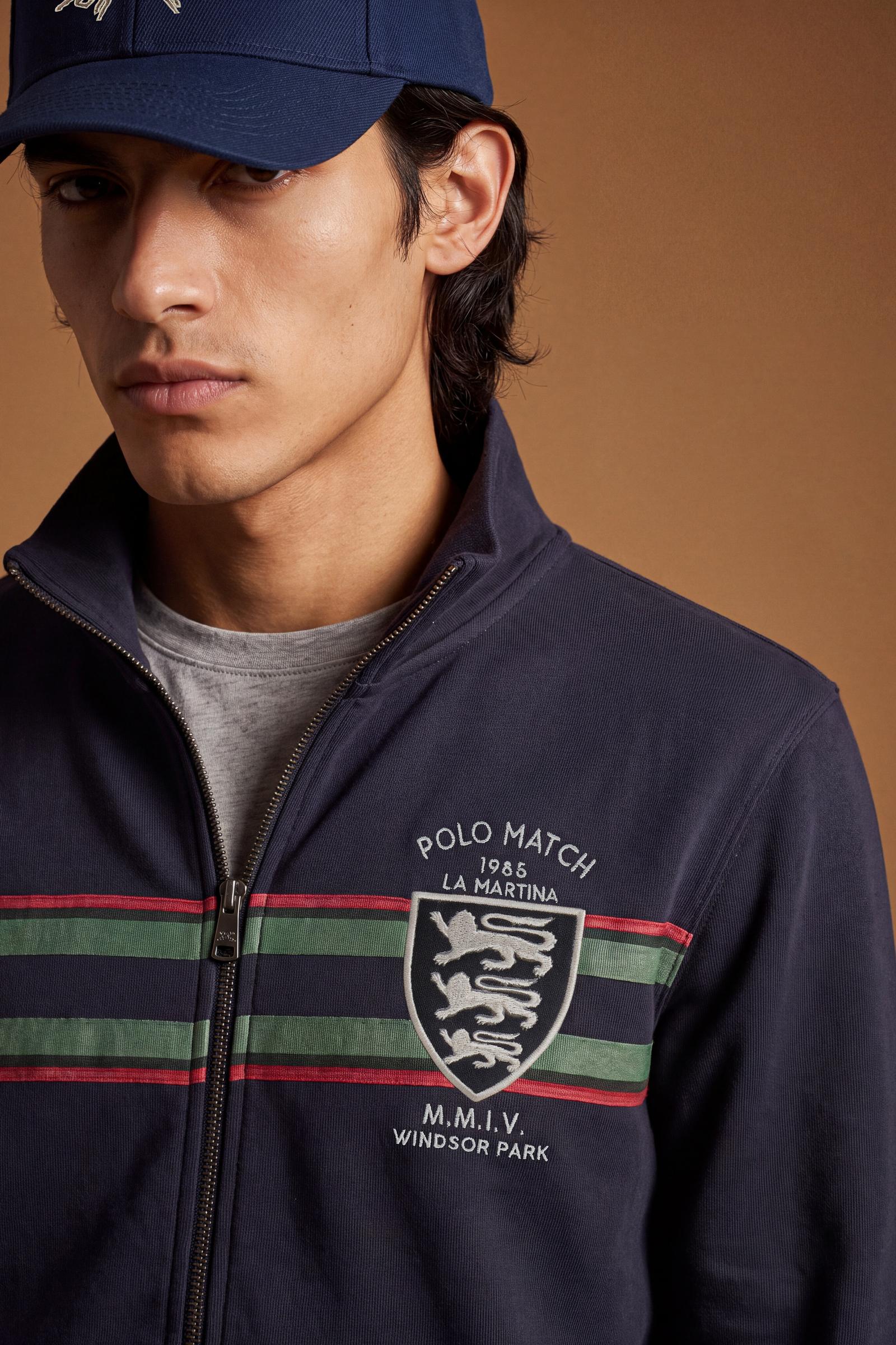 Men's long-sleeve sweatshirt in soft cotton with high double-layer collar, front zipper, ribbed cuffs, kangaroo pockets, and striking red, black, white stripes. - Navy Blazer