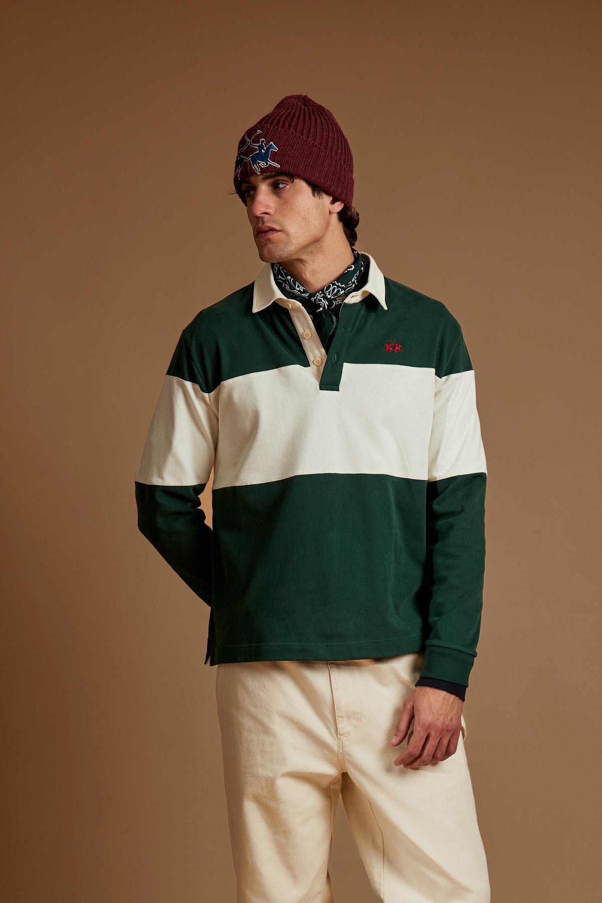 Men's rugby polo, heavy cotton jersey with large stripe - Dion