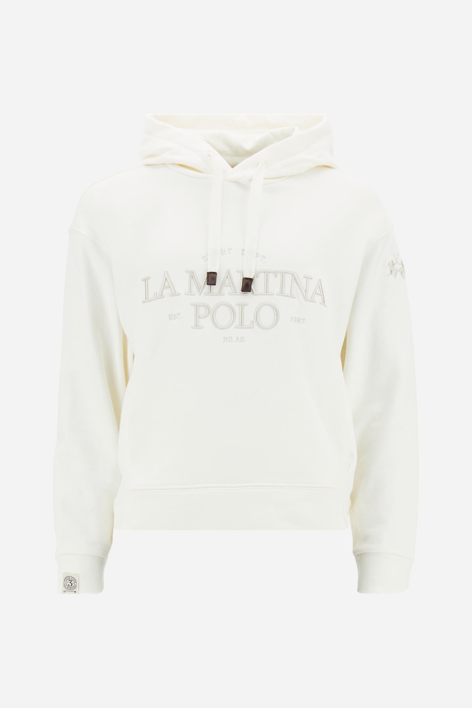 Women’s hoodie with long sleeves in 100% cotton french terry, solid colour with a velvety and warm touch. The hood is lined in tone-on-tone jersey and finished with a velvet drawstring. The chest graphic recalls the refined aesthetics of the Royal Polo theme, while the small brand logo is tone-on-tone embroidered on the sleeve. The model wears size L. - Off White