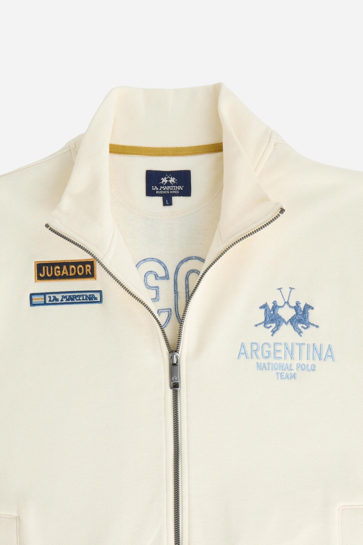 Men's long-sleeve sweatshirt in brushed cotton fleece with high collar, double-slider zipper, ribbed cuffs, embroidered Argentina Polo Team graphic, and side pockets. - Pristine