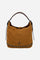Soft suede hobo bag with leather trims, metal studs, spacious interior, zip pocket, and adjustable shoulder strap for durability and modern style. - Mou/Sienna