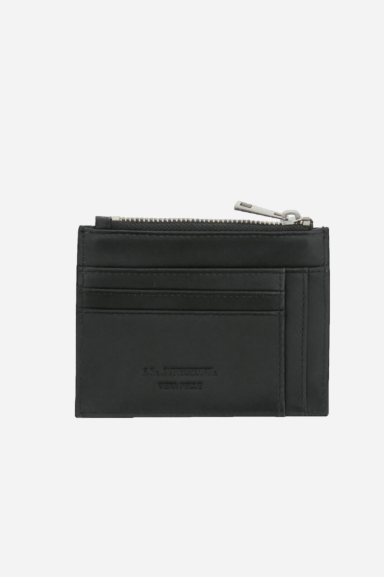 Card holder in calfskin leather with zip closure. Small and functional, ideal for storing cards and coins. - Black