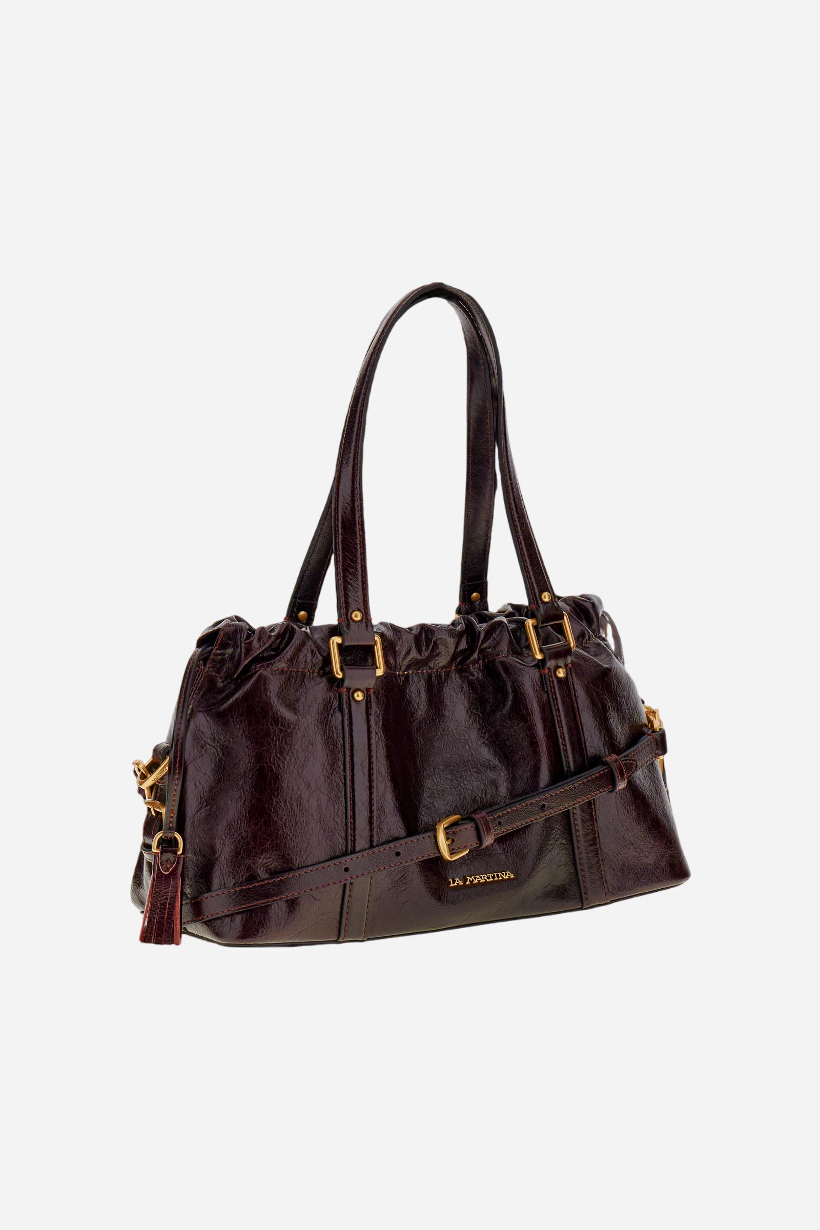 Vintage-finish calfskin tote bag with drawstring closure. Gold-tone details and La Martina logo on the front. - WINE