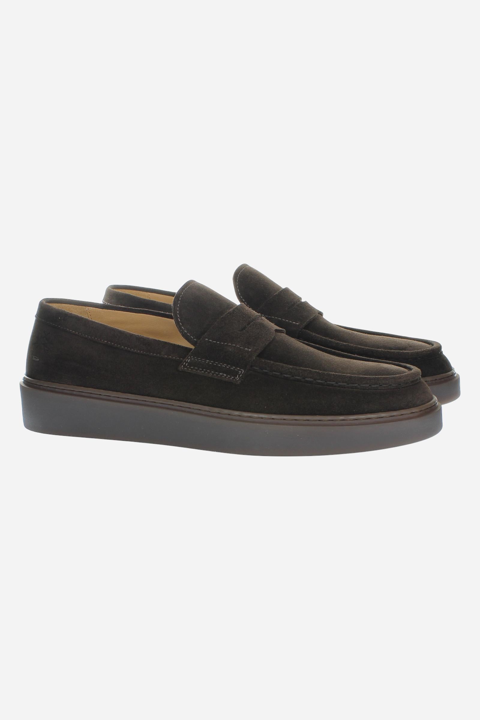 Men's suede loafer with glove stitching, embossed logo, and brown rubber sole for comfort and style. Handcrafted in Italy for casual and semi-formal wear. - Dark Brown