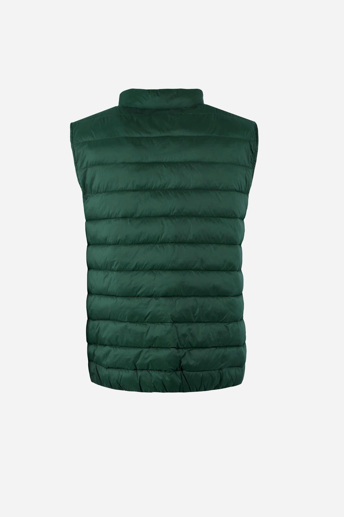 Men's sleeveless down jacket in lightweight nylon with wadding padding for warmth, zippered pockets, high collar, and contrasting interior and logo details. - Pine Grove