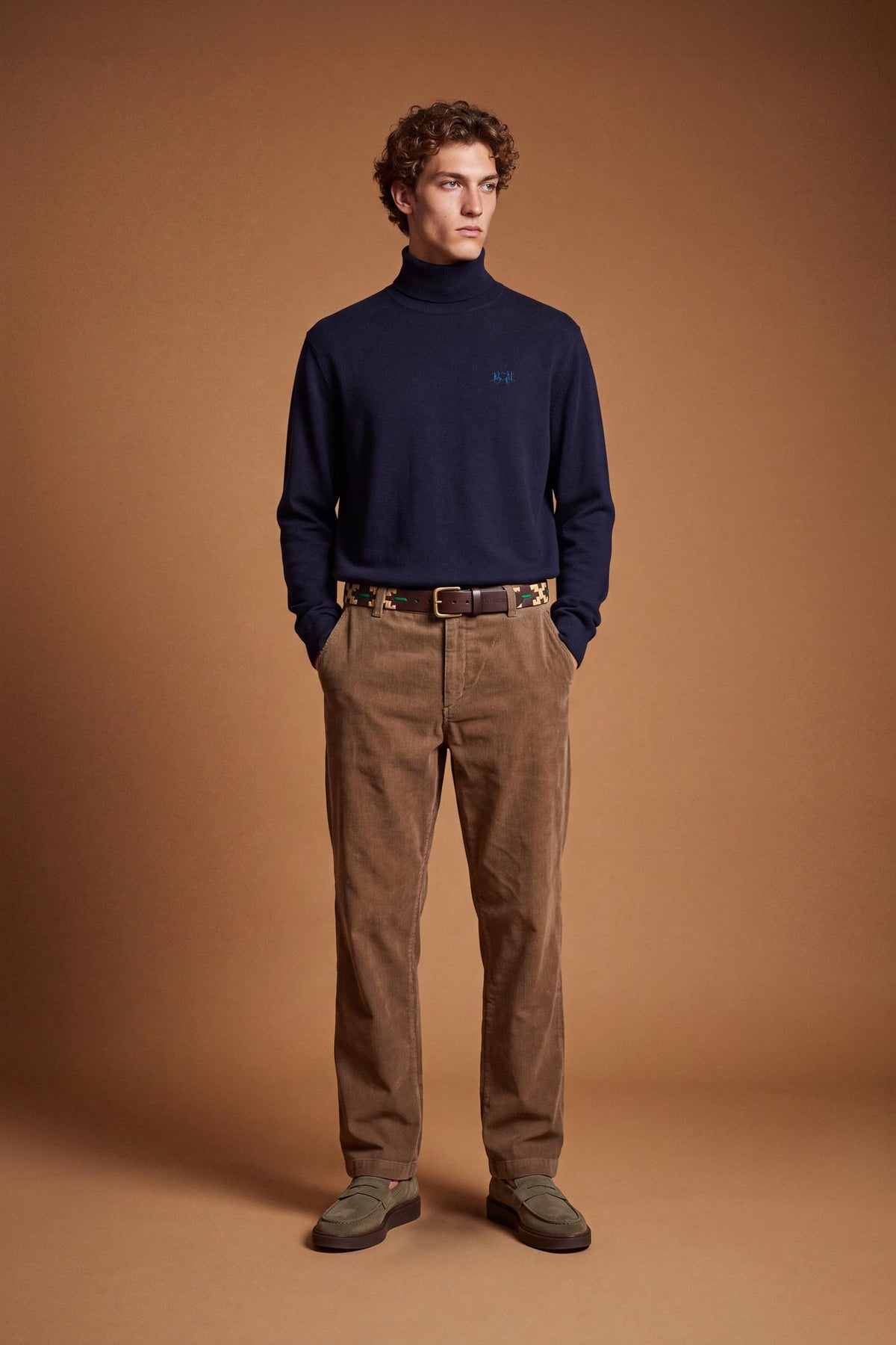 Men's long-sleeve sweater with a high-neck, soft wool-cotton blend, ribbed collar and cuffs, and subtle tone-on-tone embroidered logo for a comfortable, classic fit. - Navy