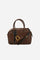 Elegant women's tote in full-grain leather with semi-rigid structure, gold-tone stirrup detail, double handles, adjustable strap, and roomy, secure interior. - Sienna/Black