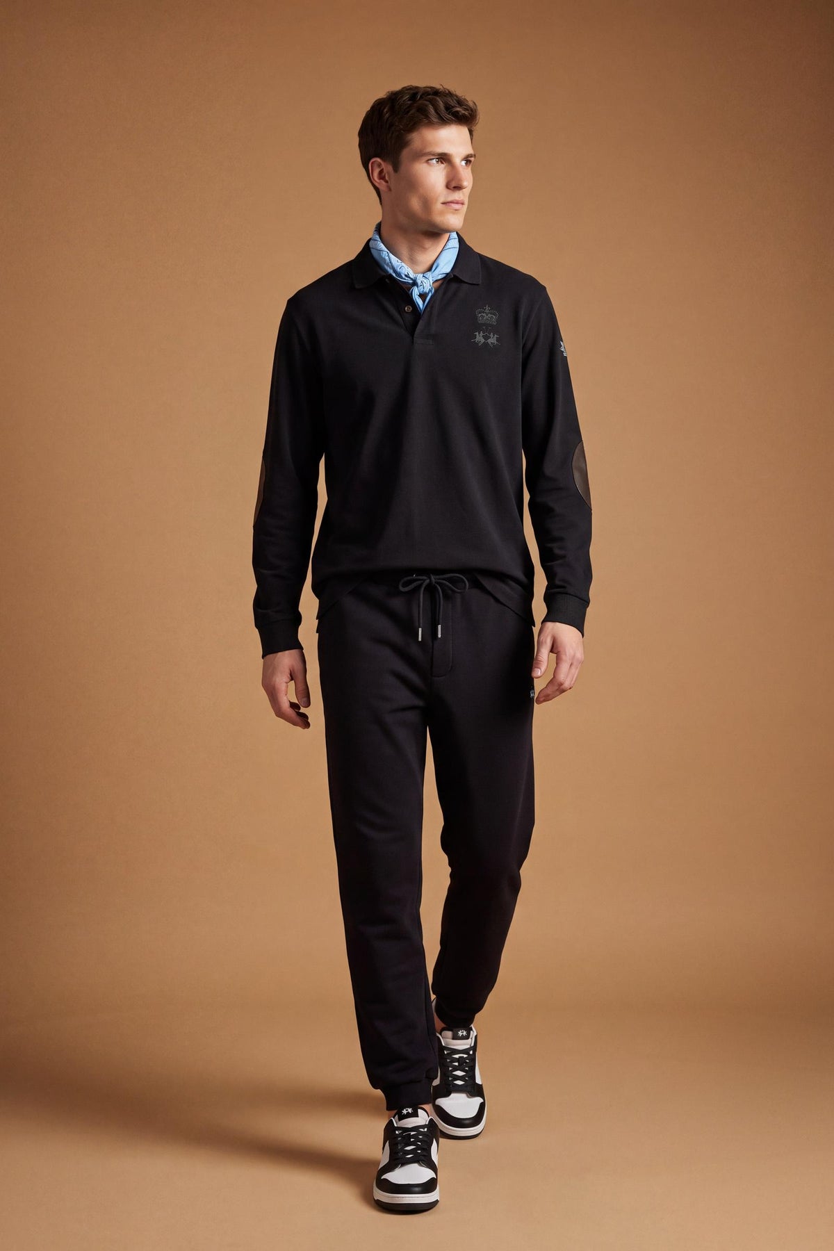 Men's long-sleeve cotton piqué polo with ribbed collar and cuffs, reinforced elbow patches, embroidered details, and a comfortable regular fit for lasting style. - Black