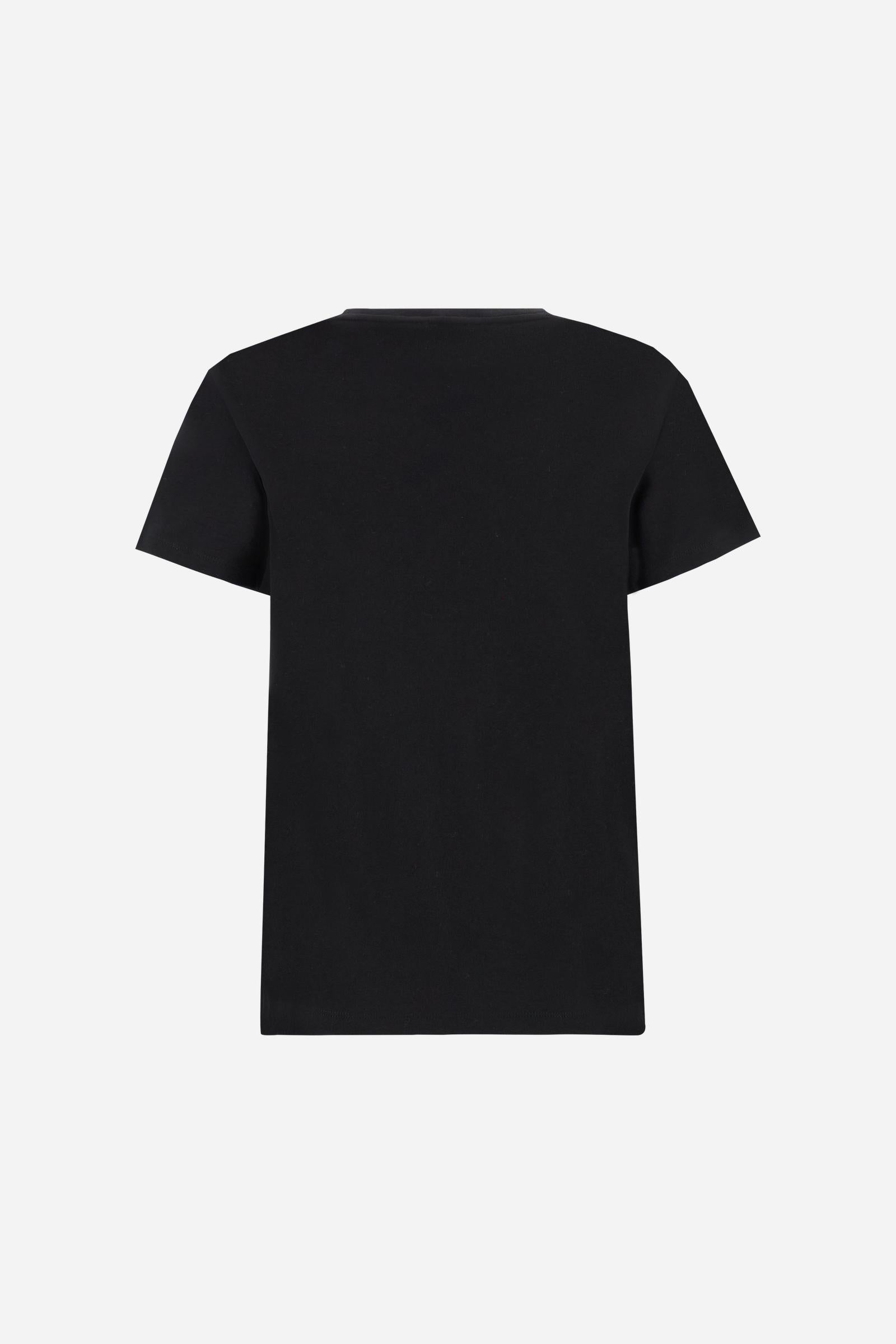 Women’s short-sleeve T-shirt in 100% cotton ribbed jersey. Crew neck model with contrast detail inside the neckline and maxi flock print of the brand logo on the chest in contrast colour. Slim fit. The model wears size 2. - Black
