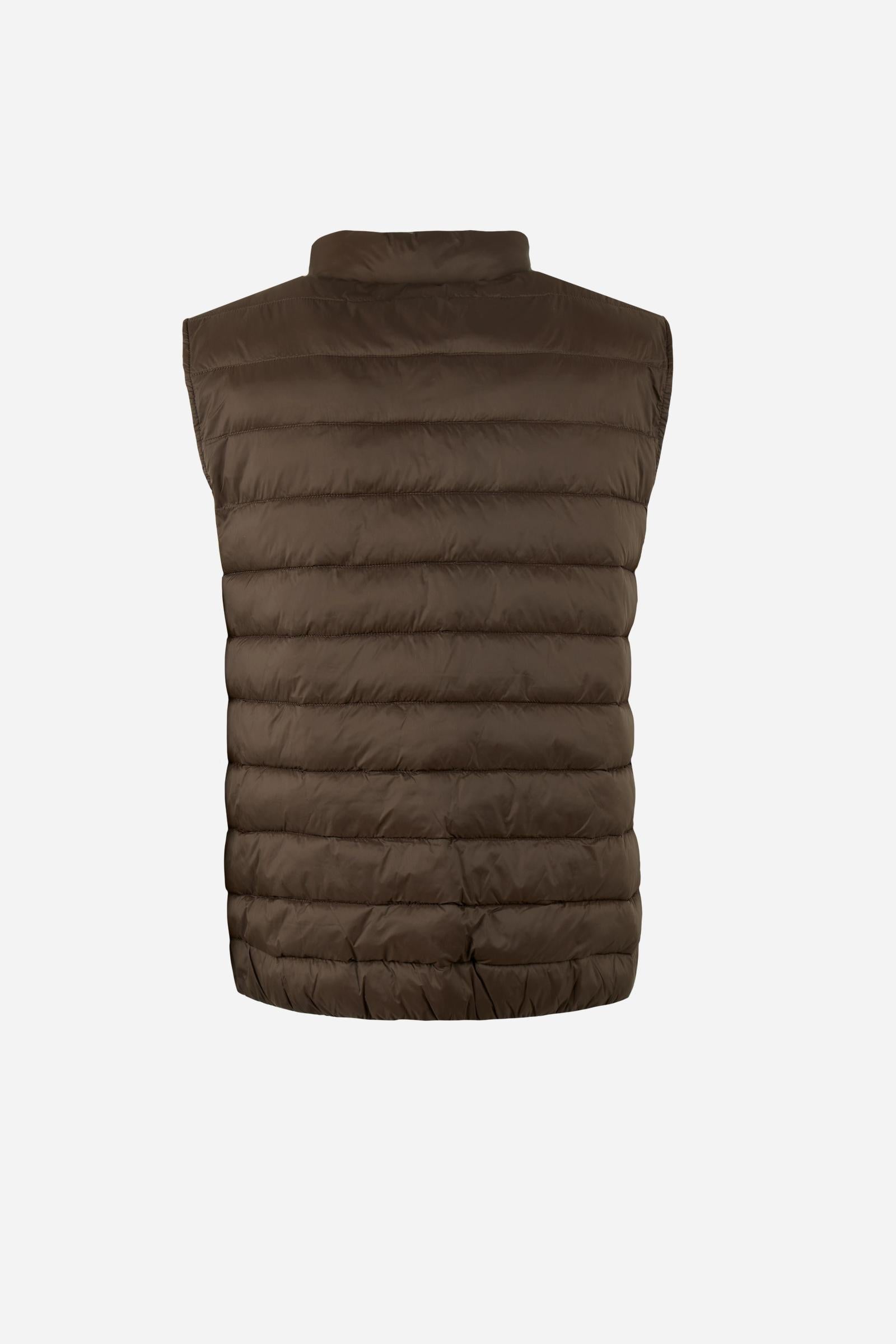Men's sleeveless down jacket in lightweight nylon with wadding padding for warmth, zippered pockets, high collar, and contrasting interior and logo details. - Hot Fudge