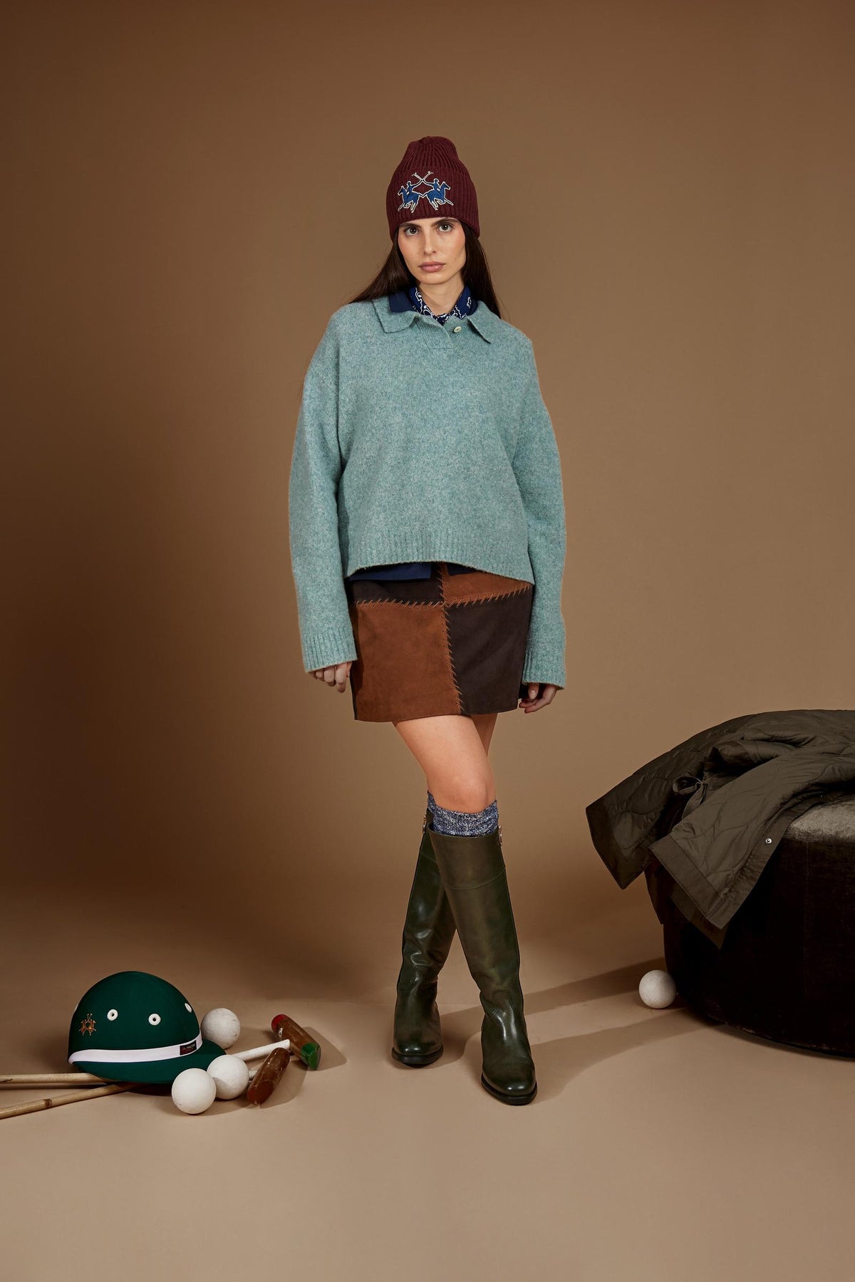 Women's cropped polo in lambswool knit - Elvira