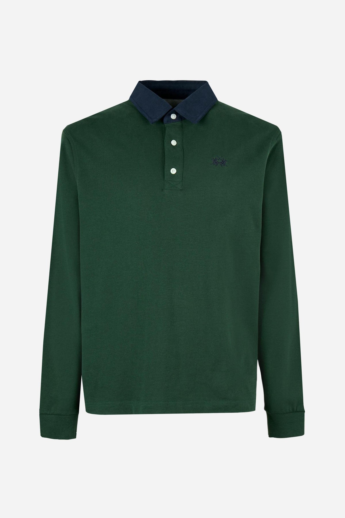 Men's long-sleeve polo made from heavy cotton jersey with ribbed cuffs, contrasting gabardine collar, embroidered logo, and a comfortable regular fit. - Sycamore