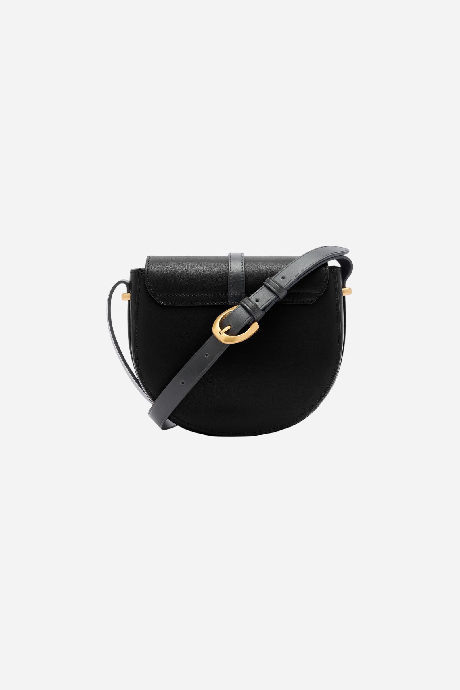 Crossbody bag in calfskin leather with curved design. Finished with flap, large golden buckle and contrasting leather details. - Black