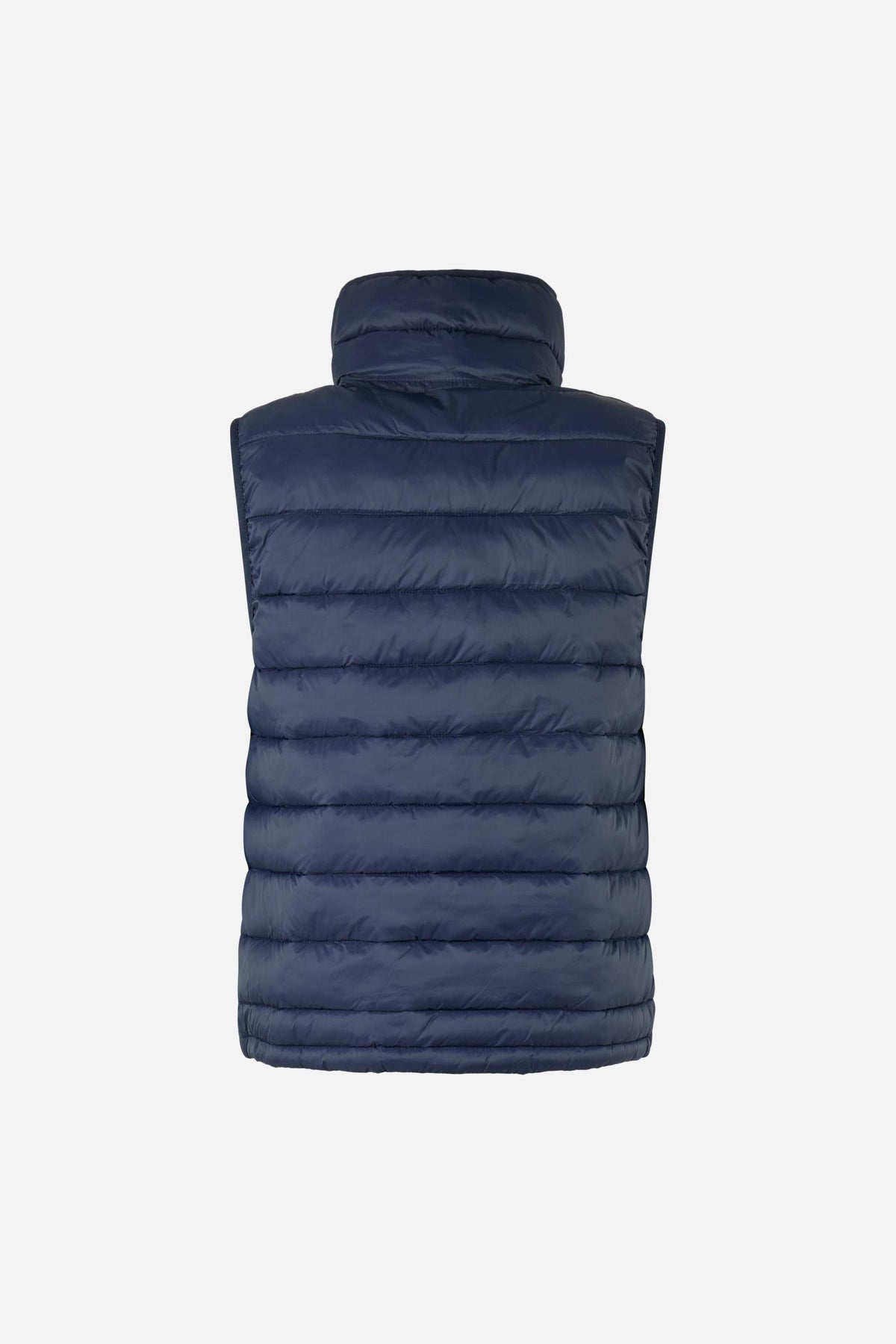 Women's nylon vest with polyamide lining and polyester padding, featuring horizontal quilting, high collar, zip closure, fleece-lined pockets, and adjustable hem for comfort. - Navy Blazer