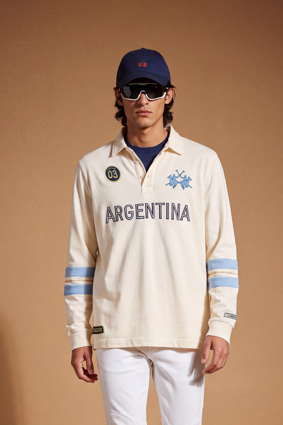 Men's long-sleeve polo in 100% high-weight cotton jersey with a contrasting gabardine collar, embroidered details, and a relaxed, contemporary fit for durable comfort. - Pristine