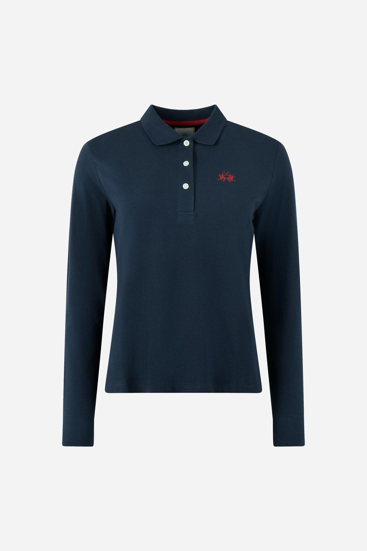 Women's long-sleeve polo shirt in 100% cotton piqué with a regular fit, ribbed collar, button front, fabric cuffs, and embroidered brand logo detail. - Navy Blazer
