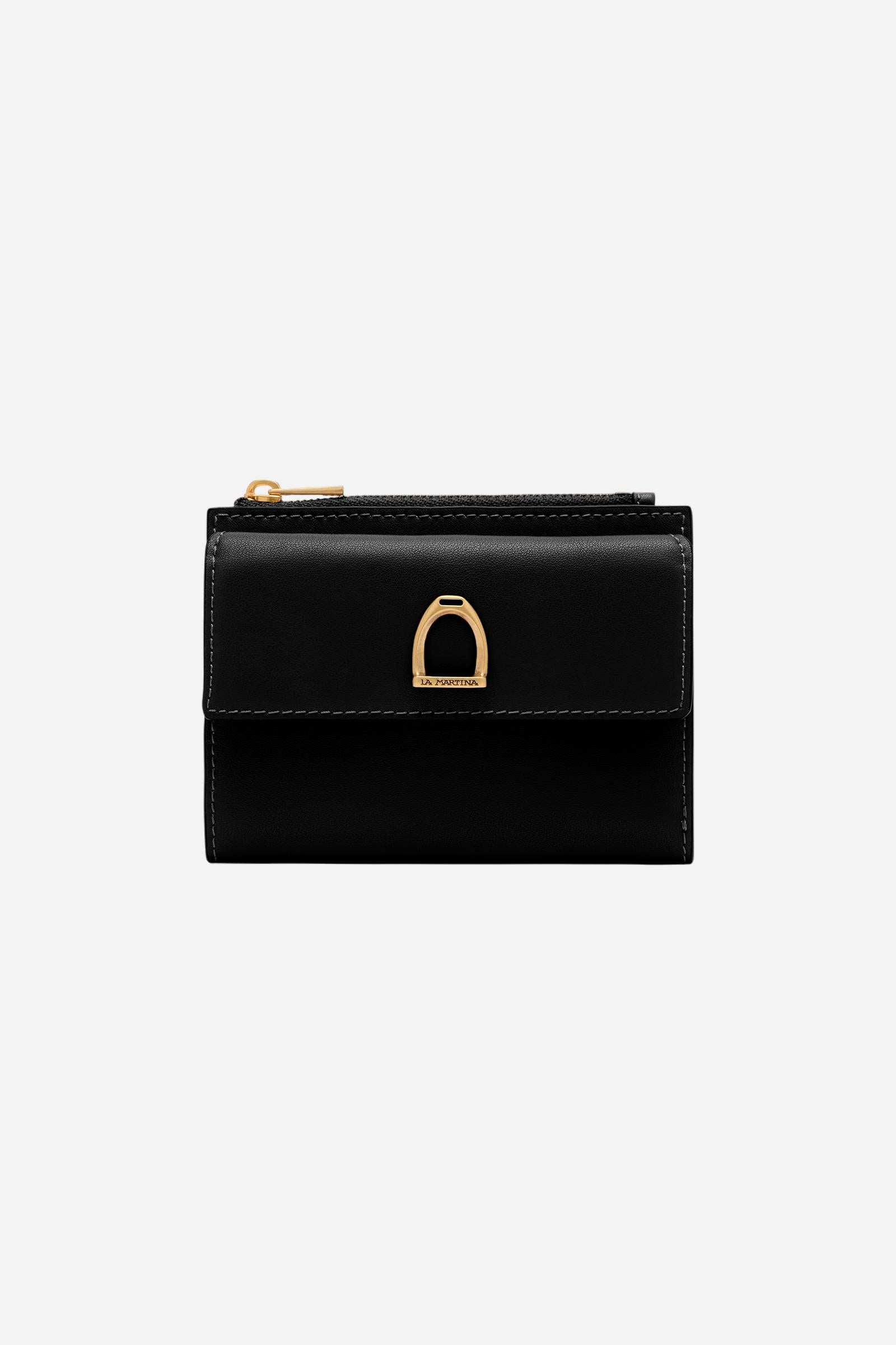 Folding wallet with zip in calfskin leather. Essential and elegant, with front flap and coin pocket. - Black