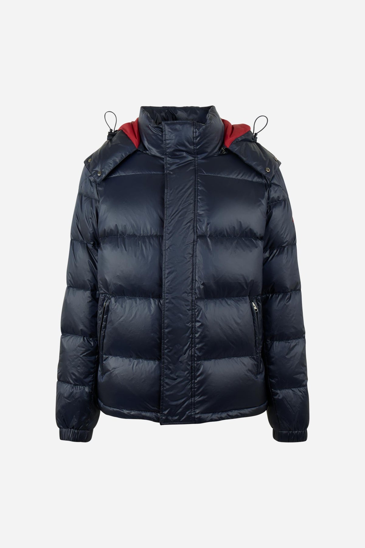 Men's padded feather bomber jacket with detachable hood, iridescent nylon, double zipper, snap buttons, adjustable drawstring, zippered pockets, and embroidered logo. - Navy Blazer