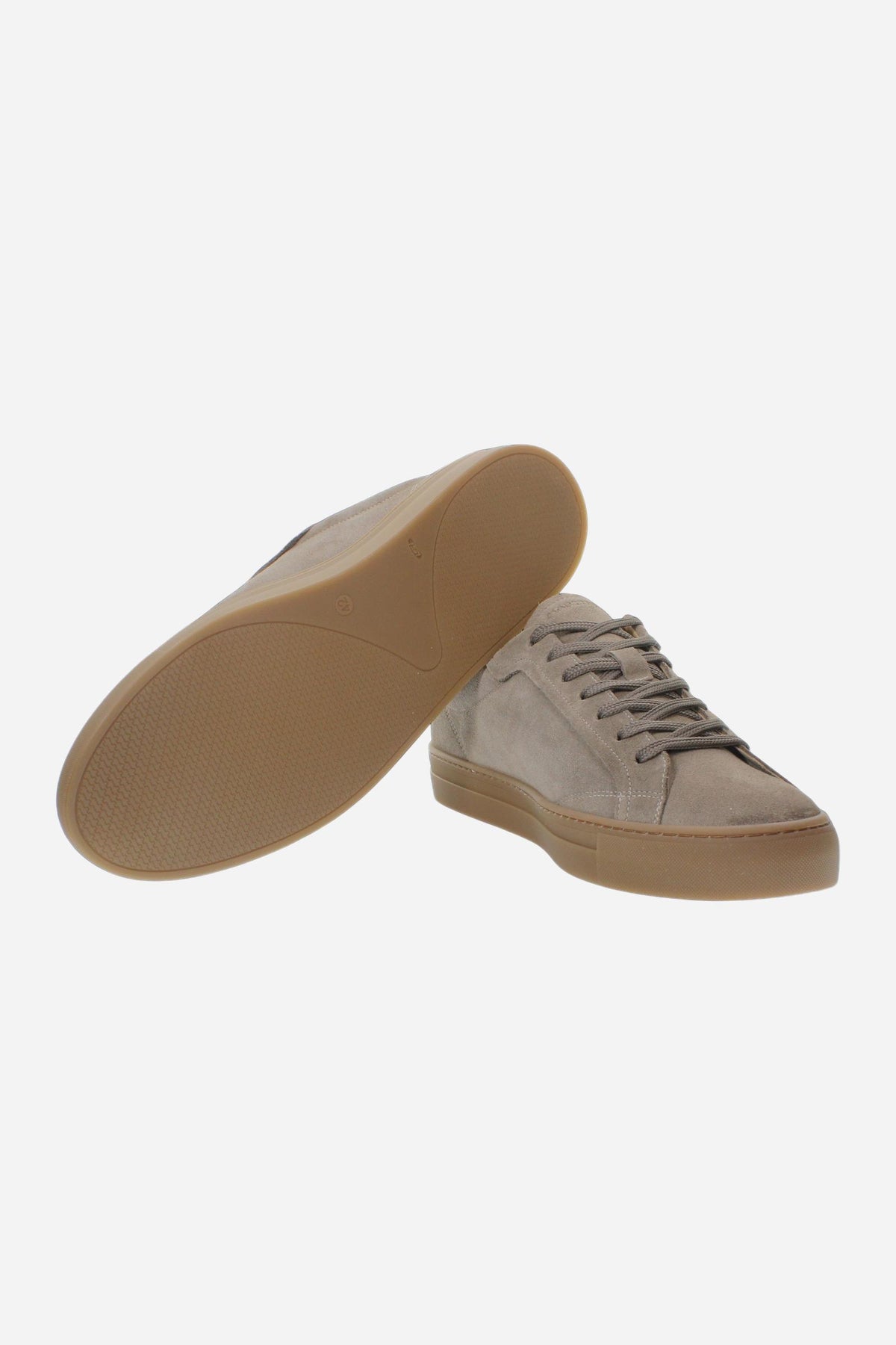 Men’s suede sneaker with flexible two-part leather tongue, hand-stitched embossed logo, amber rubber sole, and lightweight Strobel construction for all-day comfort. - Taupe Gray