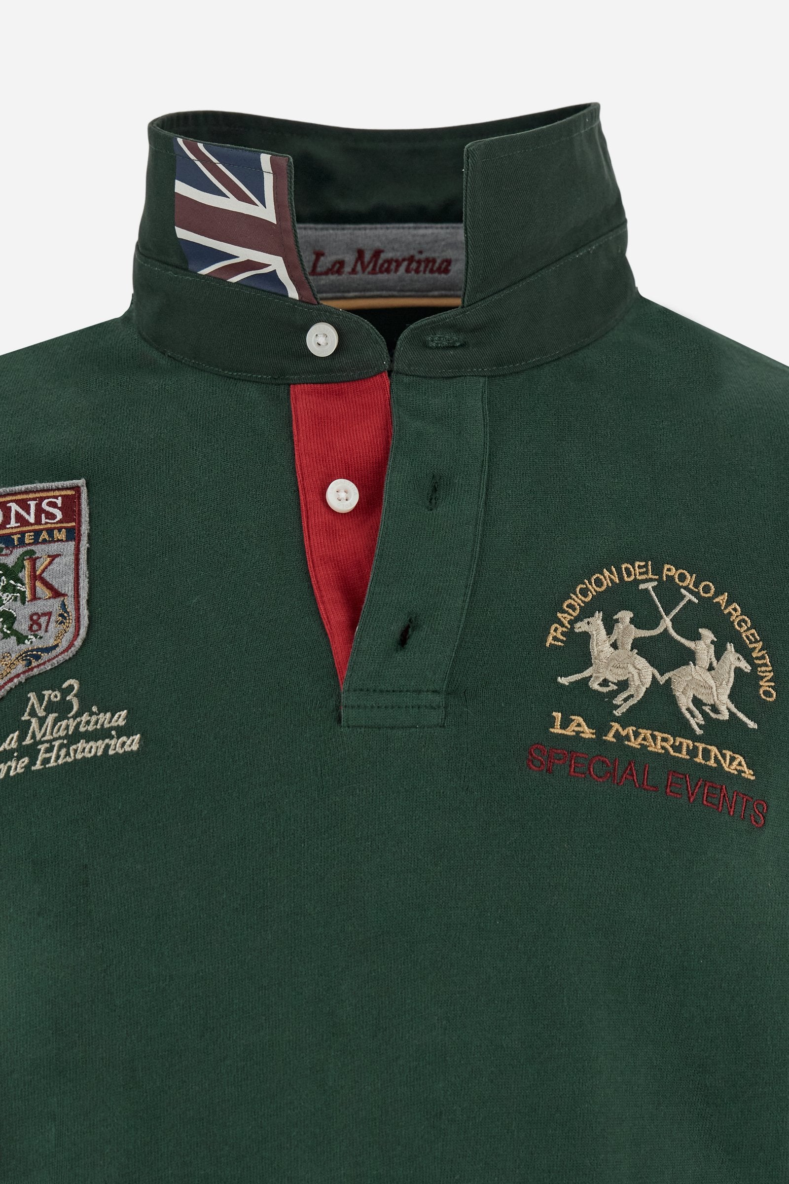 Long-sleeve polo shirt in 100% cotton jersey, soft and warm to the touch. Gabardine collar in tone with a contrast placket for a modern look. The English flag is printed under the raised right collar tip. Contrasting fabric bands and a patch with number 2 decorate the right sleeve, evoking polo player uniforms. Multicolor graphics dedicated to the English team and past special events enrich the design, with a large team logo embroidered in two-tone on the chest. Regular fit. Model wears size L. - Sycamore