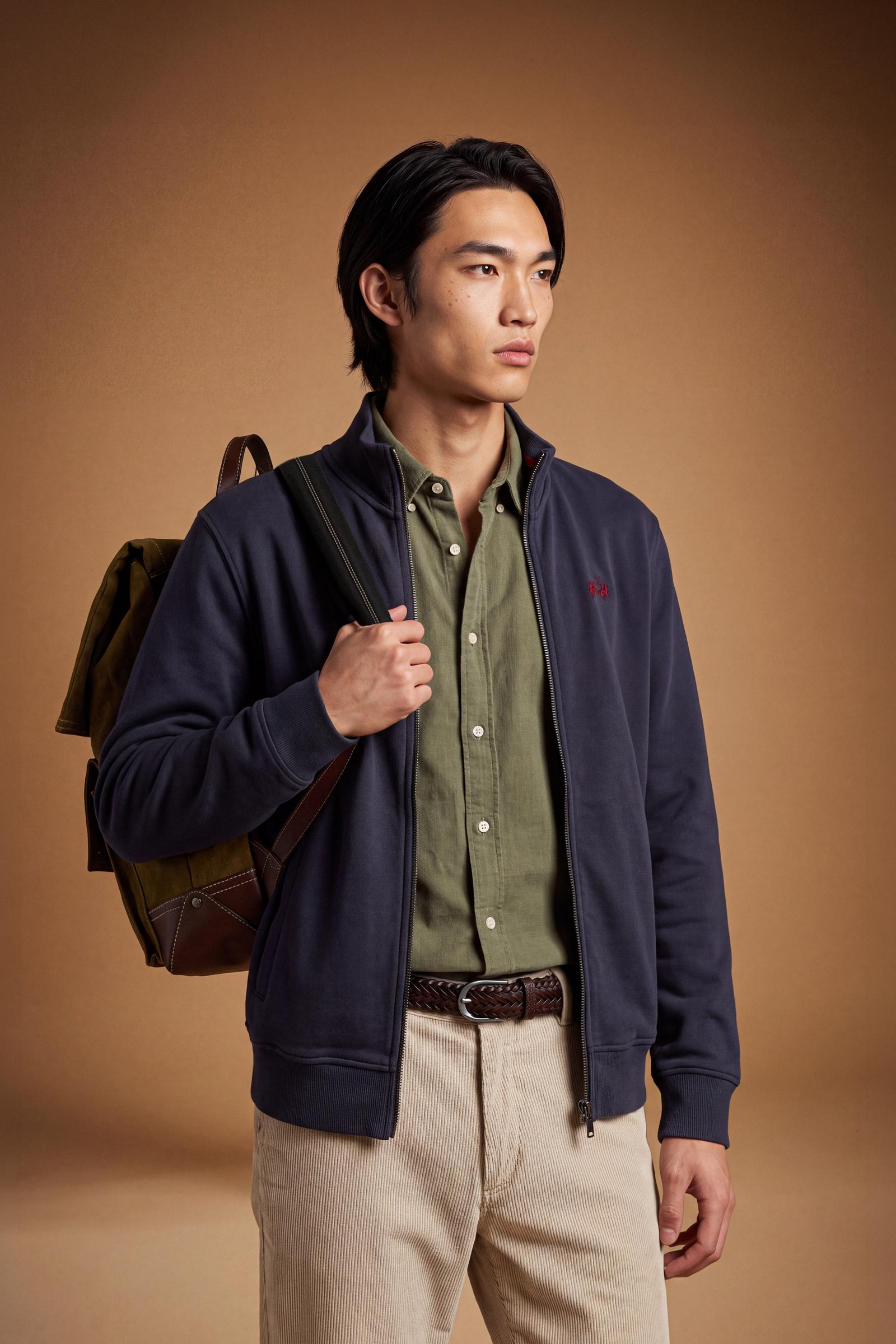 Men's 100% cotton fleece sweatshirt with a high collar, customized zipper, ribbed cuffs and hem, regular fit, and a subtle embroidered logo for comfort and style. - Navy Blazer