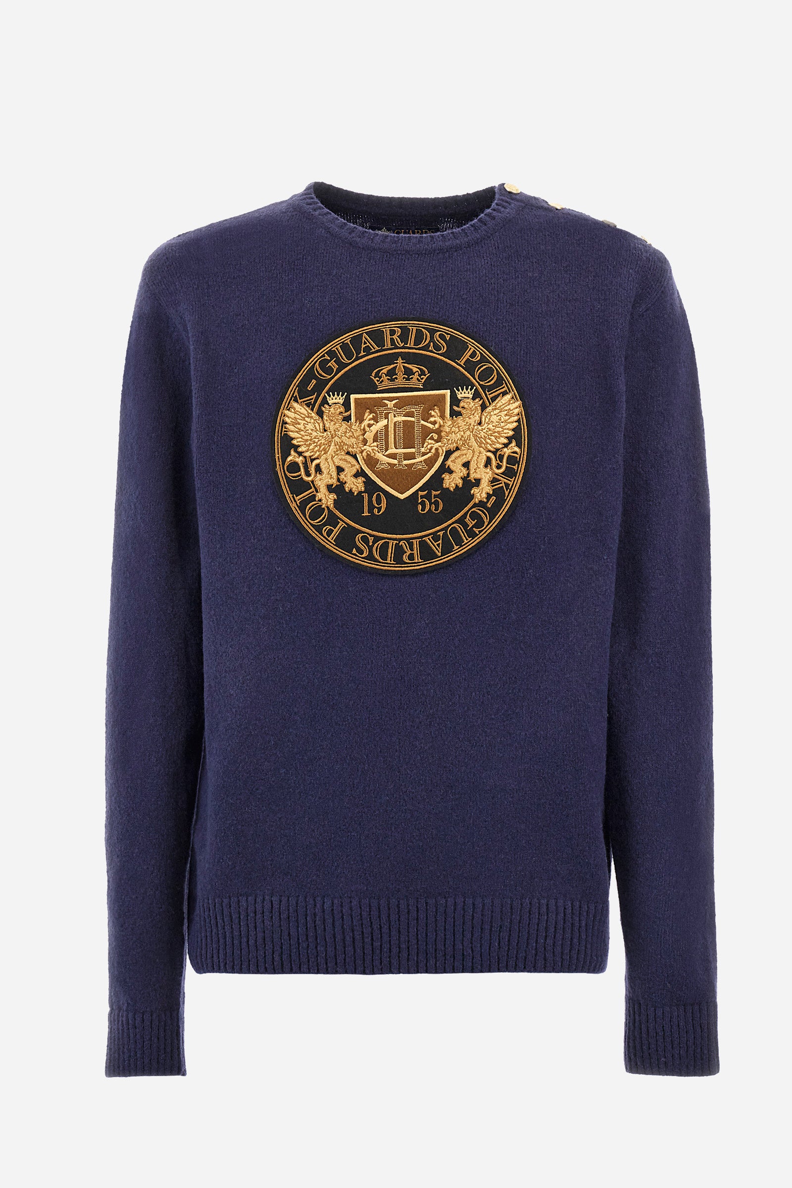 Men’s sweater with long sleeves with crew neck, solid color regular fit. Made of merino wool, it features a large gold embroidery on the front that recalls the Guards capsule. Golden buttons applied on one shoulder and the drawstring at the waist make the garment elegant and perfect for formal outfits or to give a more refined touch. The model is 187 cm tall and wears a size L. - Navy