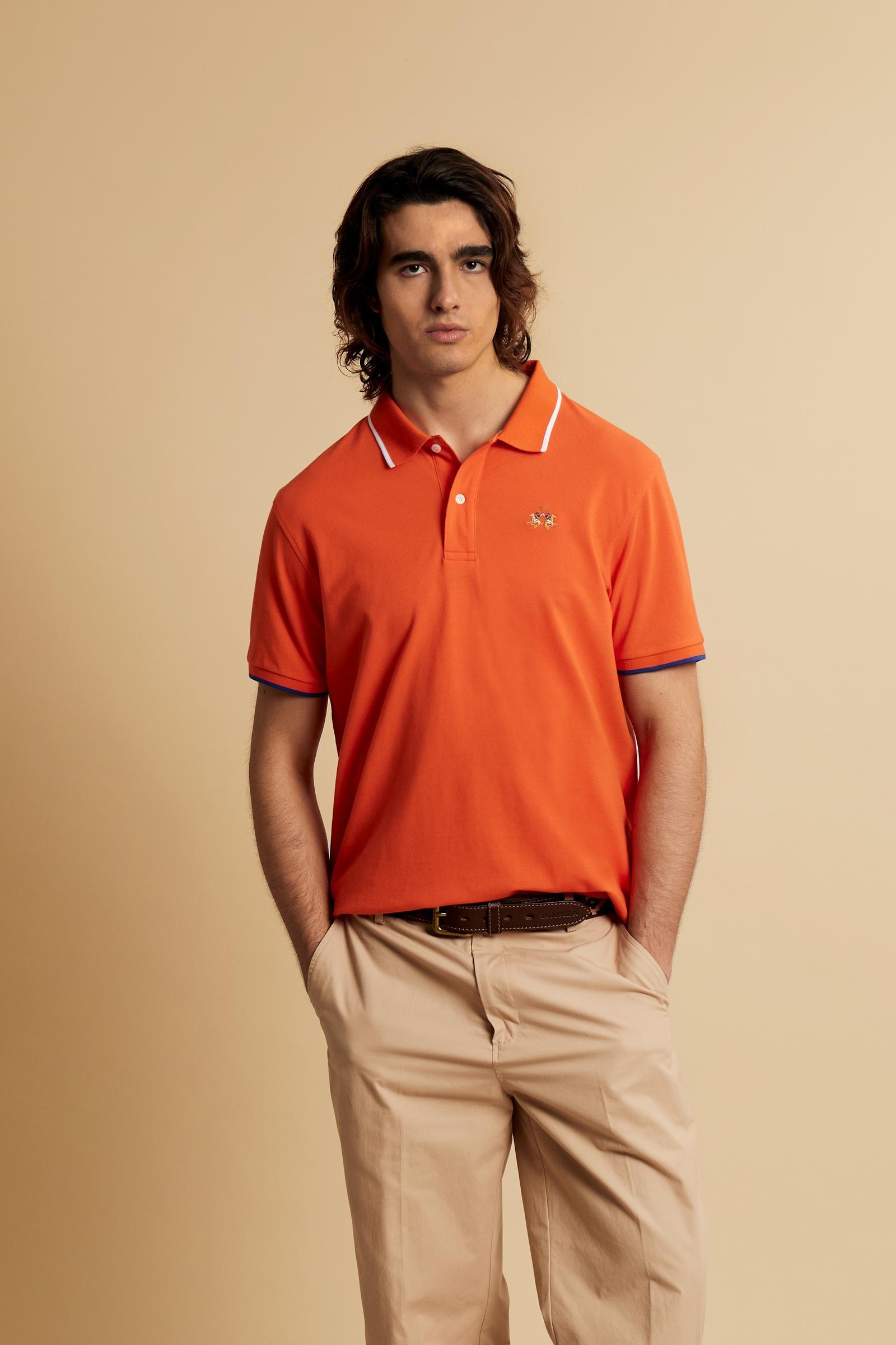 Men’s short-sleeve stretch piqué polo. Two-button placket with ribbed collar and cuffs in solid colour. Numeric patch applied on the sleeve and contrast monogram print under the collar. Small logo embroidered in contrast on the chest. Regular fit. The model wears size L. - Flame                                                                                                                                                                                                                                         