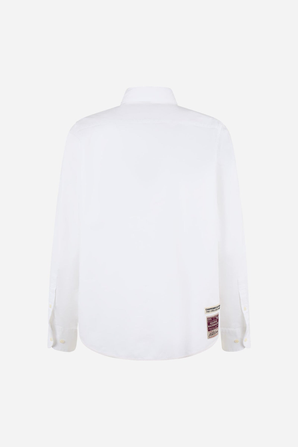Men’s long-sleeve 100% cotton Oxford shirt with a soft texture, regular tailored fit, button-down collar, mother-of-pearl buttons, and detailed embroidered patches. - Optic White