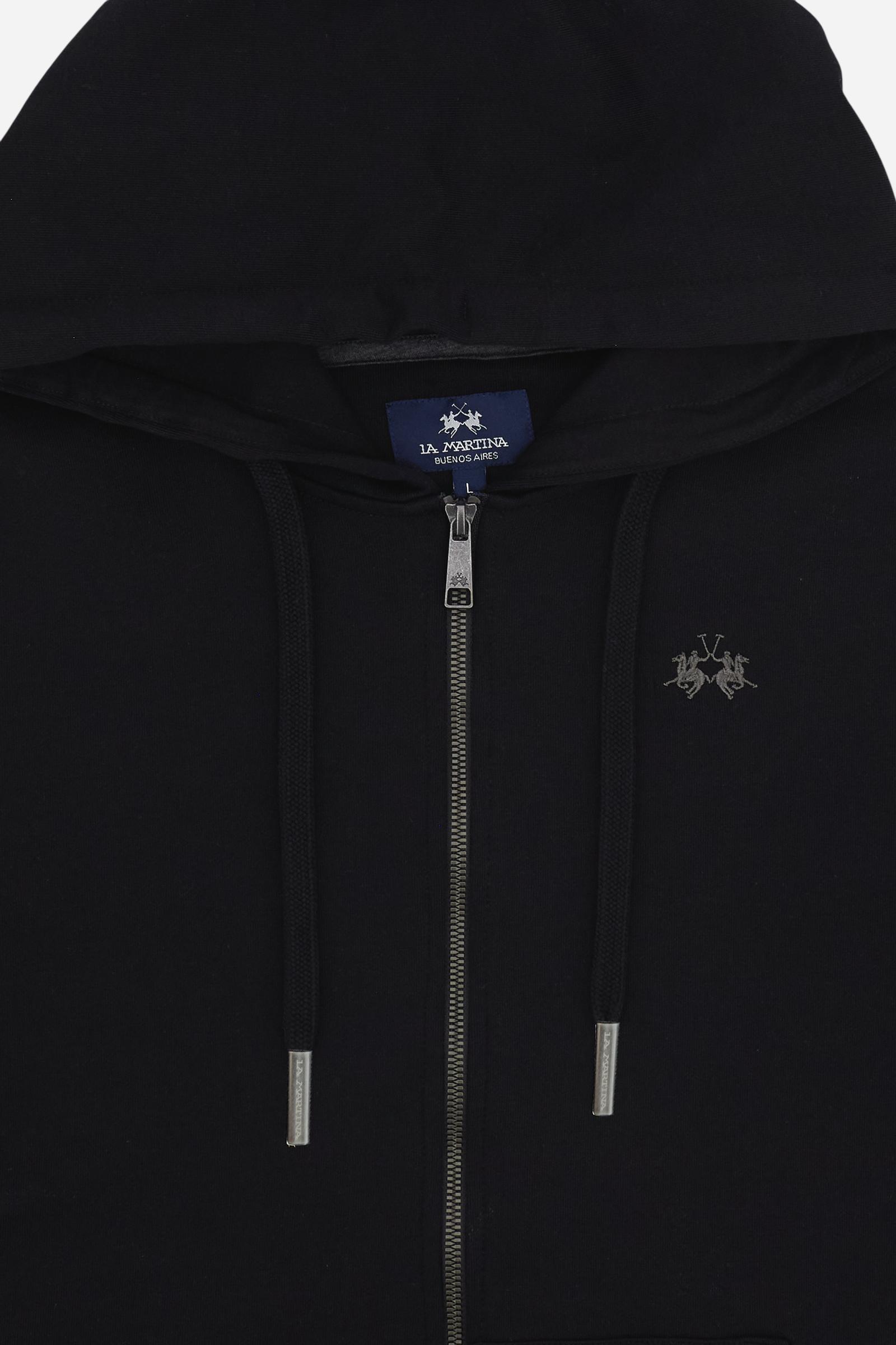 Hooded sweatshirt in lightweight unbrushed cotton with front zip and adjustable drawstring hood with metal tips. Kangaroo pockets and ribbed trims. Relaxed regular fit with contrast embroidered logo on the chest. - Black                                                                                                                                                                                                                                                                                                    