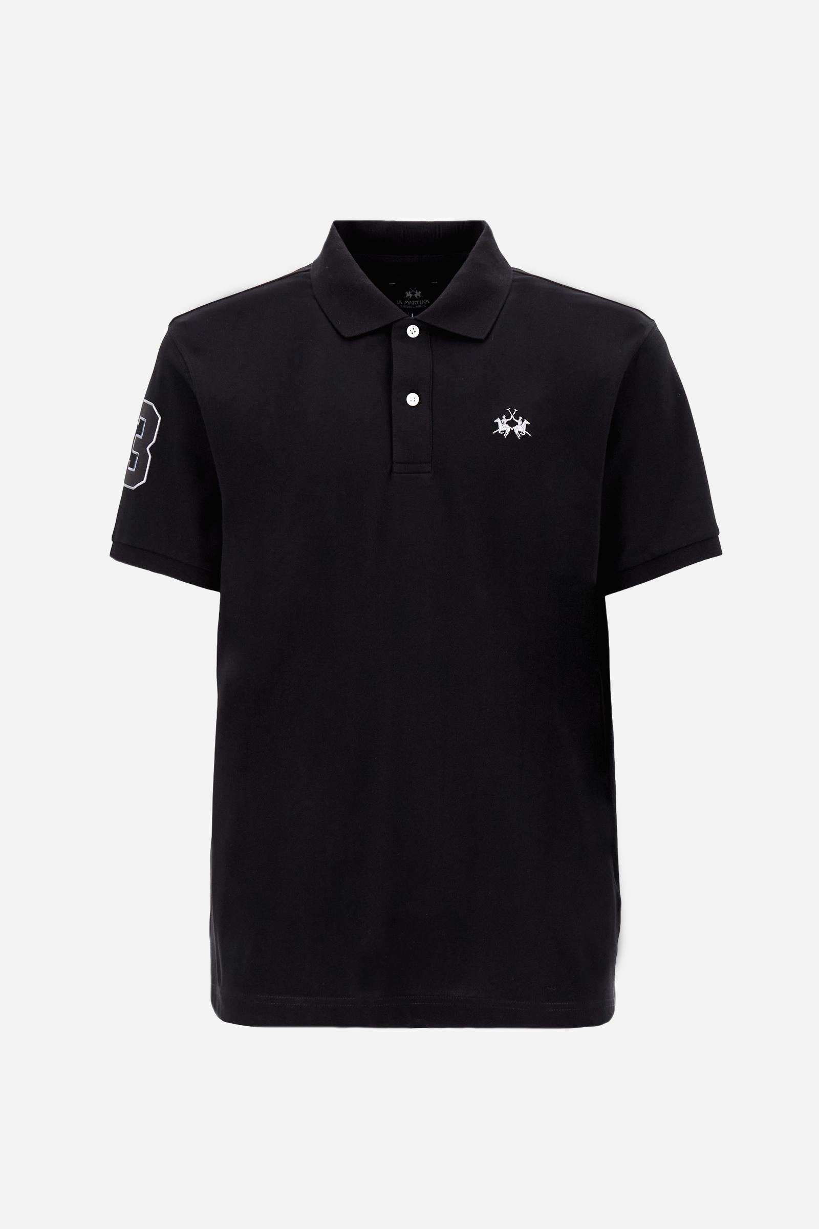 Men’s short-sleeve stretch piqué polo. Two-button placket and ribbed details, with a regular fit. Iconic style characterised by applied logo and patches. - Black                                                                                                                                                                                                                                                                                                                                                               