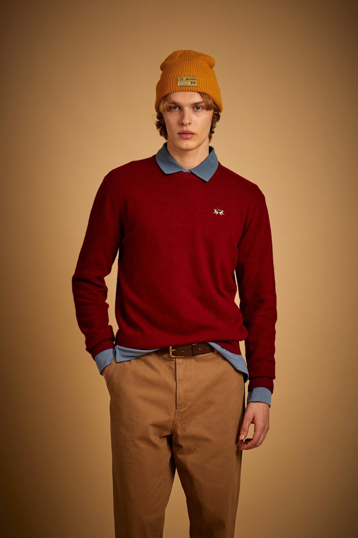 Men's crew neck lambswool sweater with tricolor logo - Ethan