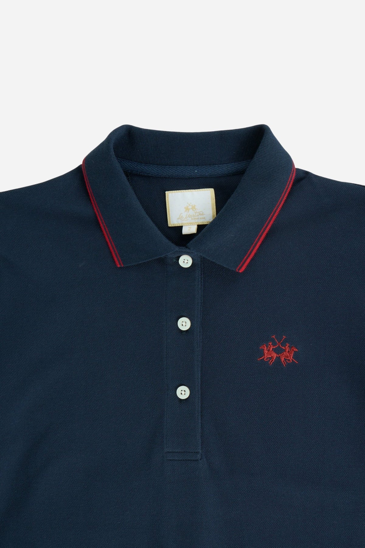 Women's 100% cotton piqué polo with regular fit, ribbed collar and cuffs, contrasting edges, 3-button front, and embroidered logo for a classic, comfortable style. - Navy Blazer