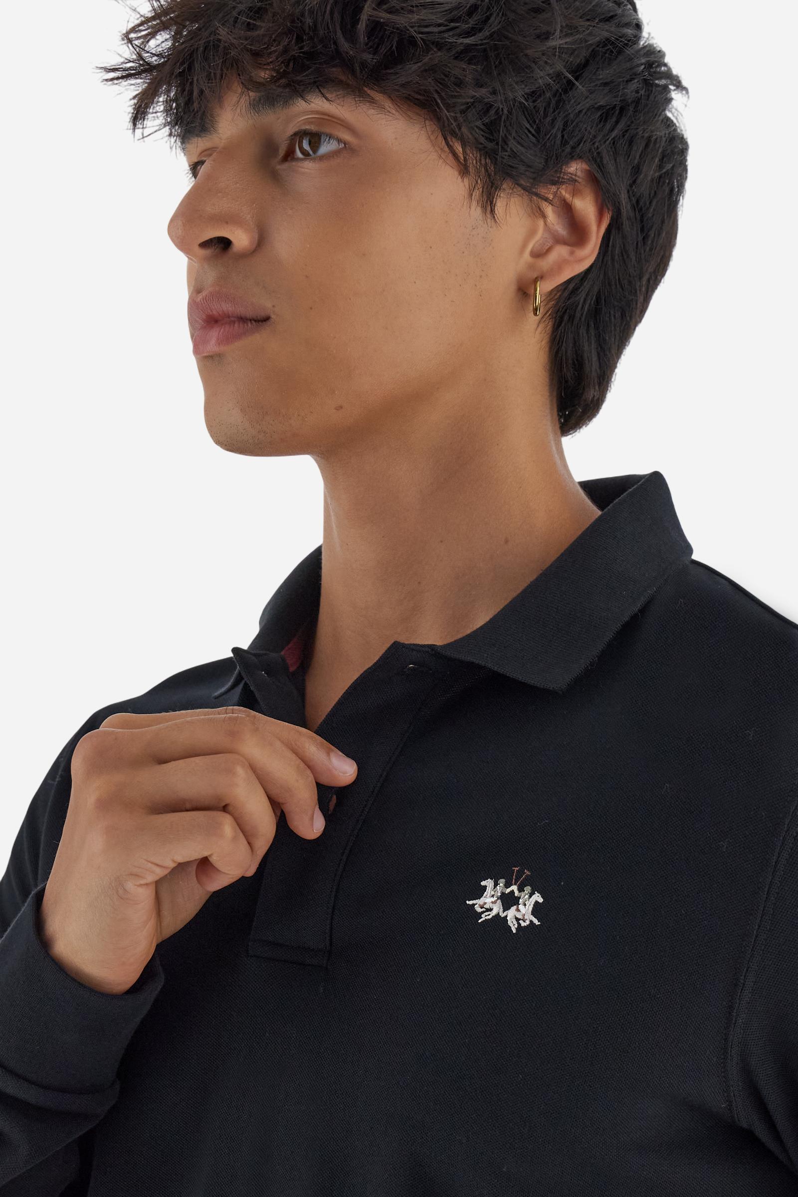 Men’s long-sleeve polo in high-quality stretch cotton piqué for comfort and flexibility. Tone-on-tone ribbed collar with contrast gabardine undercollar embroidered with the brand’s iconic lettering, revealed when the collar is lifted. Contrast embroidered logo on the chest. Slim fit, offering a modern silhouette that enhances the body while ensuring freedom of movement. Model wears size L. - Black