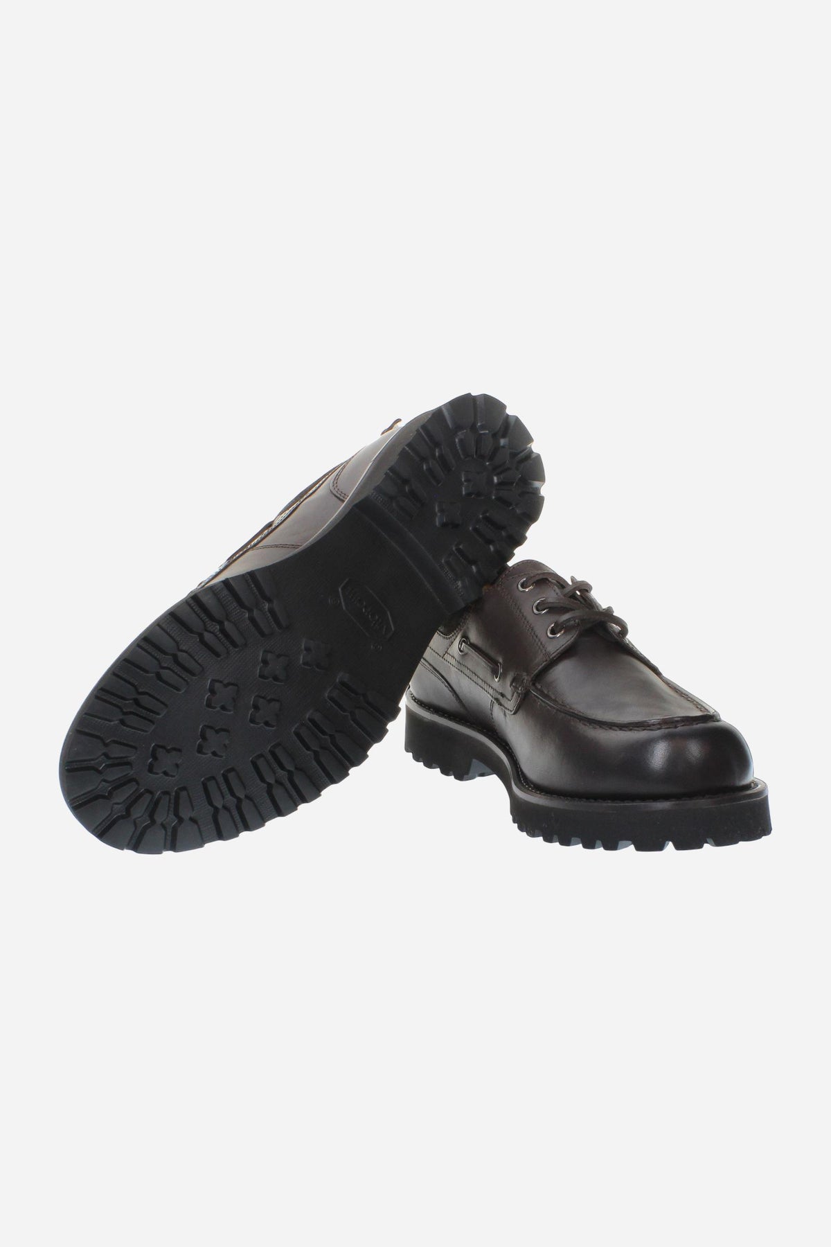 Men's leather boat shoe with handcrafted moccasin stitching, padded nappa collar, leather laces, and Vibram® sole for lightweight comfort, cushioning, and grip. - Dark Brown