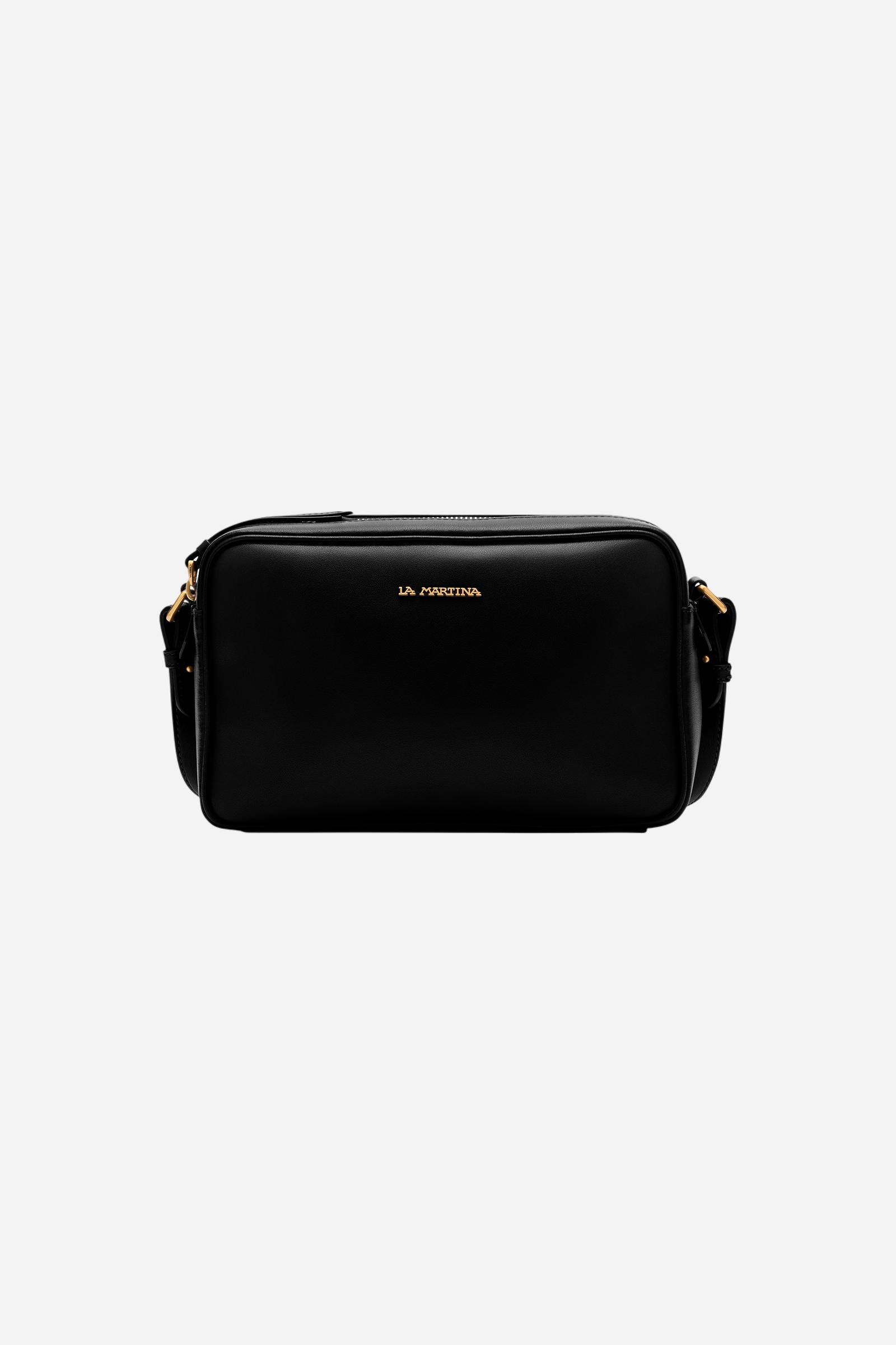 Rectangular crossbody bag in super soft calfskin leather. Essential model with double top zip and golden front tag. - Black