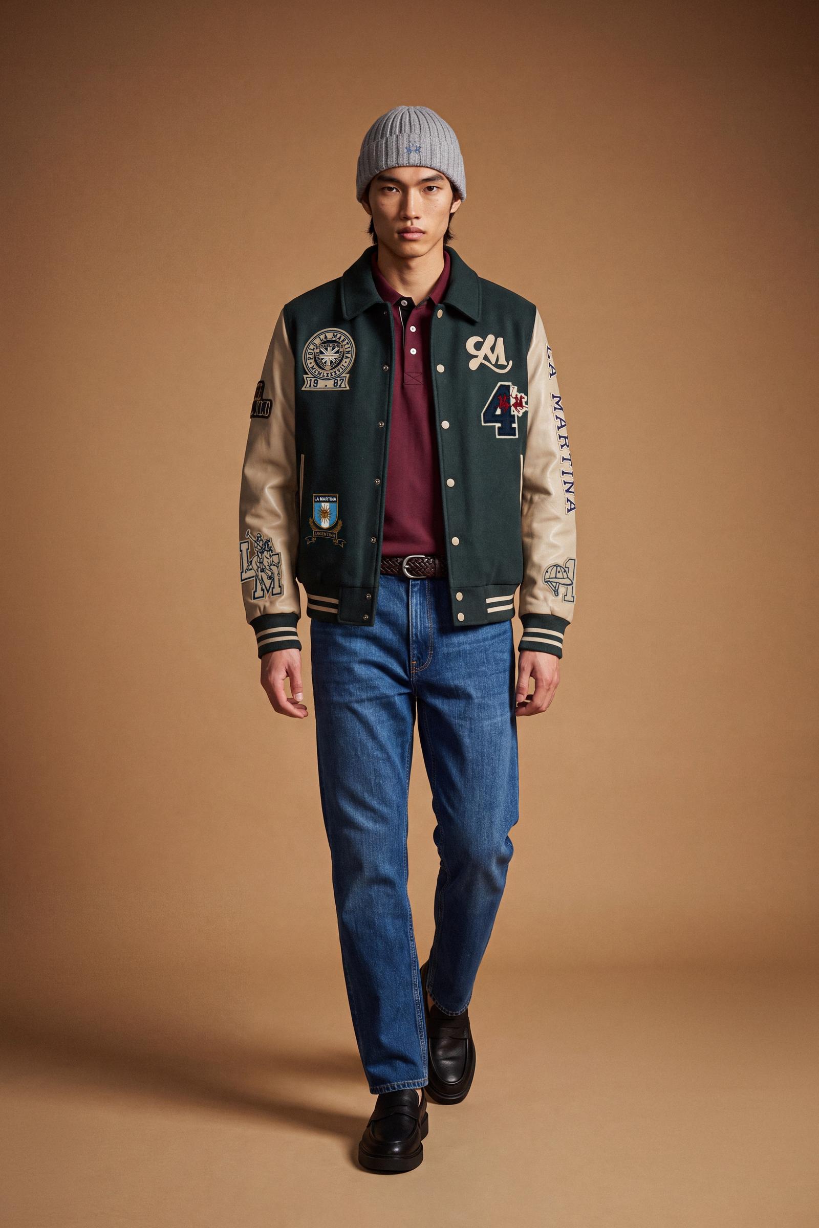 Men's long-sleeve varsity jacket with wool felt body, contrasting faux leather sleeves, ribbed trims, padded lining, chenille patches, and embroidered logo for classic style. - Scarab/Sheer Bliss