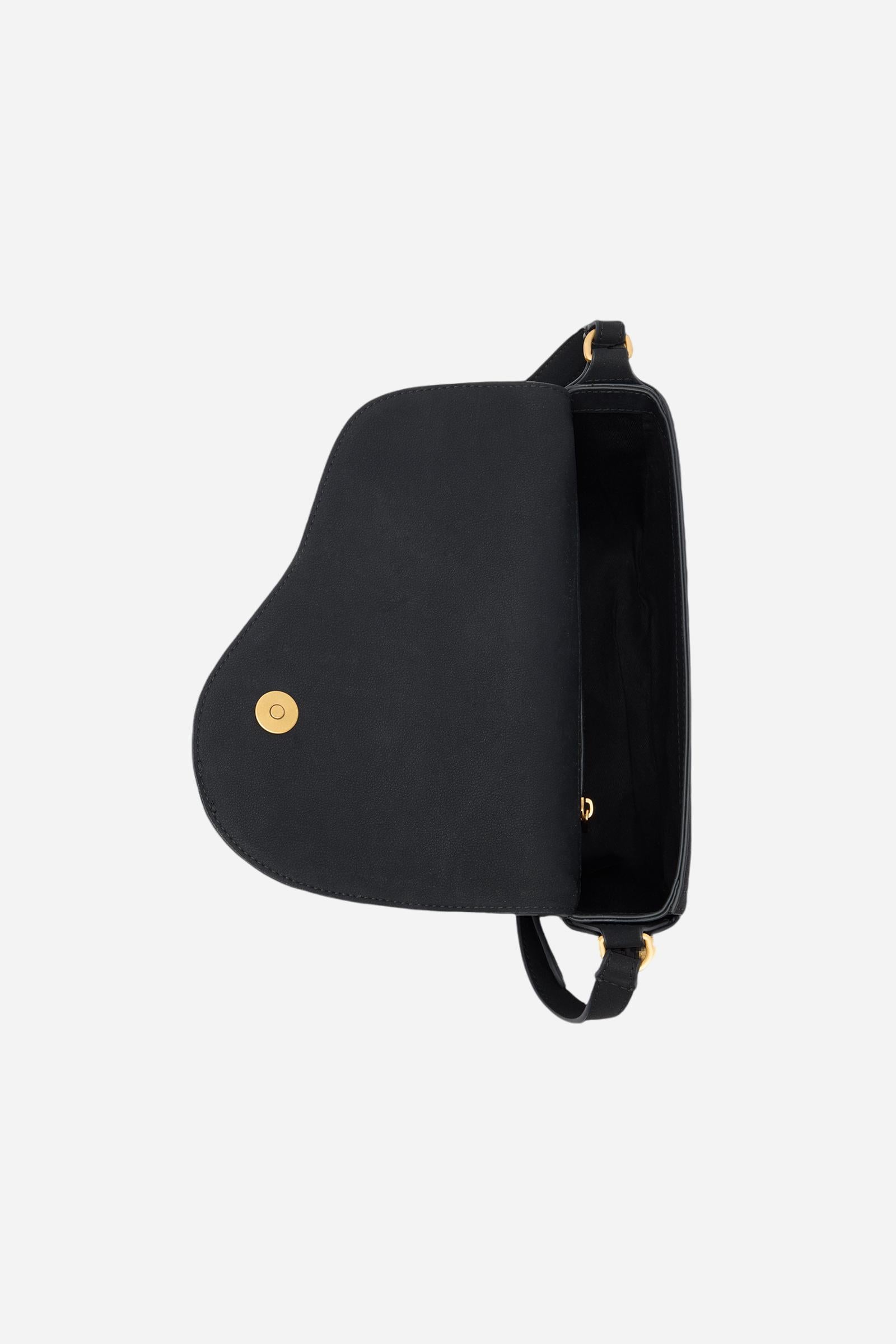 Small crossbody bag in nubuck, compact and velvety, with shaped flap closed by hidden magnet and golden logo buckle on the front. The strap is fixed. Dimensions:24 x 17 x 8 - Black