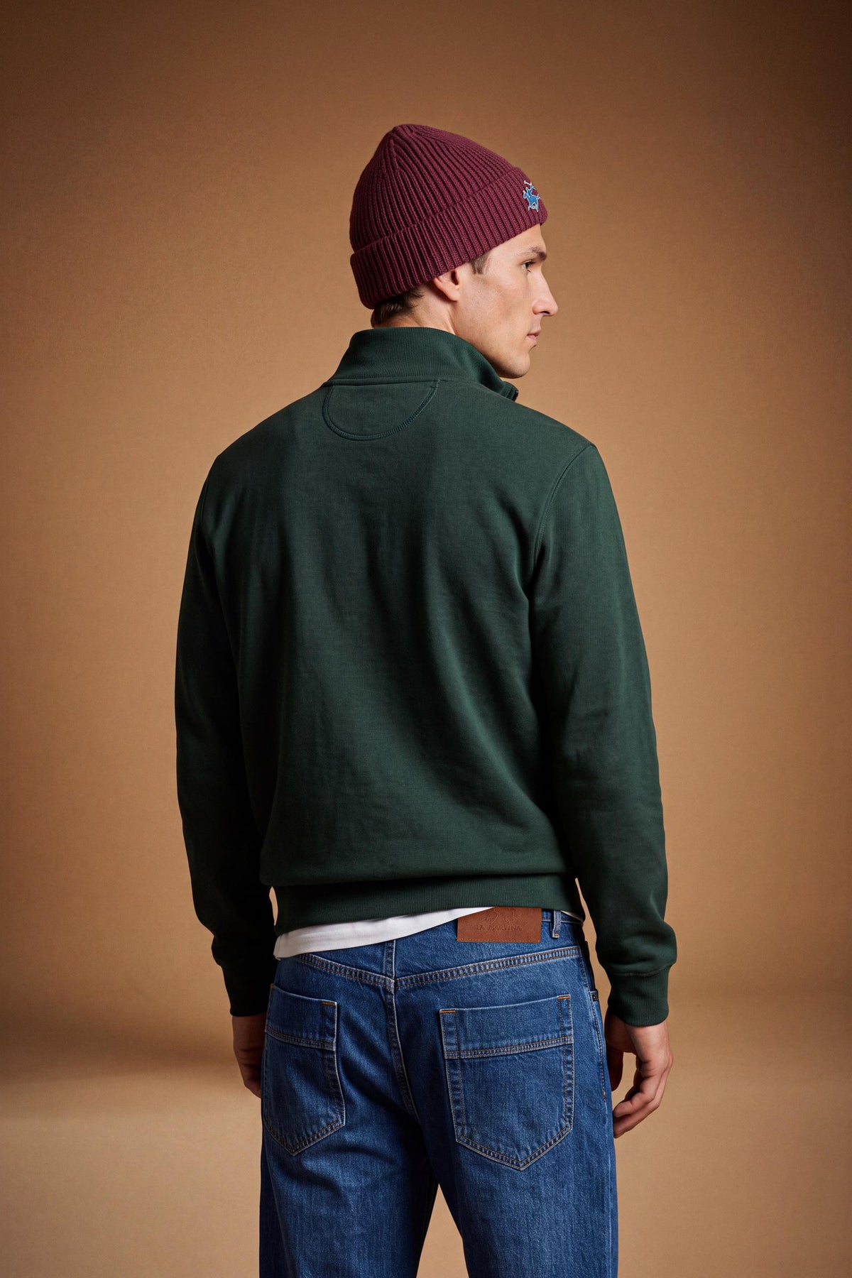 Men's 100% cotton fleece sweatshirt with a high collar, customized zipper, ribbed cuffs and hem, regular fit, and a subtle embroidered logo for comfort and style. - Sycamore