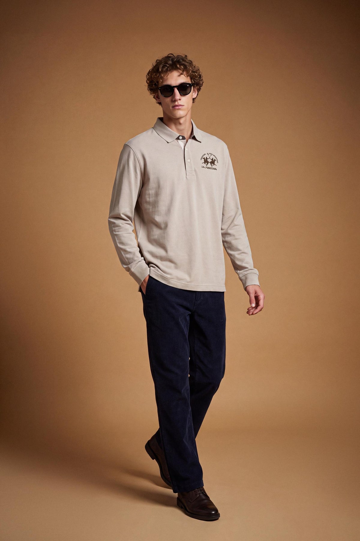 Men's long-sleeve polo in soft cotton jersey with contrasting gabardine collar, ribbed details, multicolor striped placket, and embroidered team logo for comfor - Vintage Khaki
