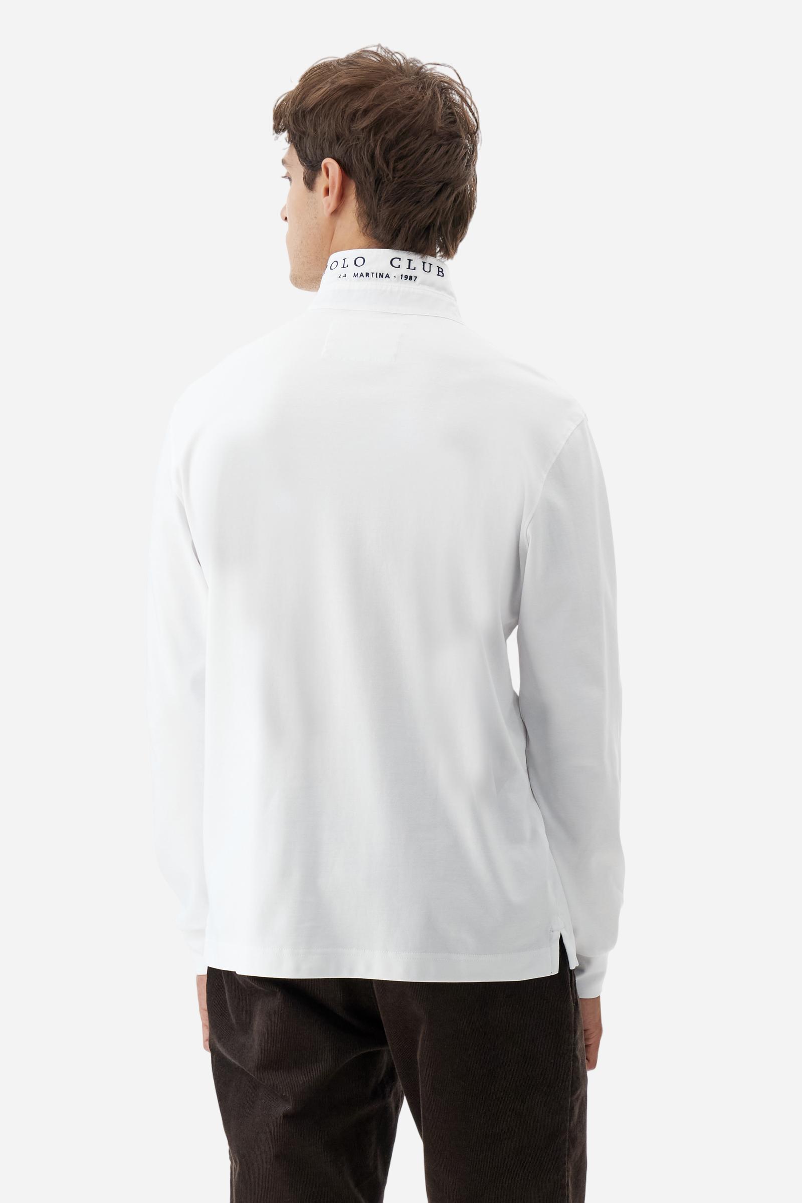 Classic men’s long-sleeve polo in silky 100% cotton jersey, smooth and lightweight to the touch. Three-button placket with contrast details inside the collar. Tone-on-tone ribbed cuffs. Tonal chest print inspired by Polo Club, combined with embroidered undercollar. Discreet logo integrated into the chest graphic. Regular fit. Model wears size L. - Optic White