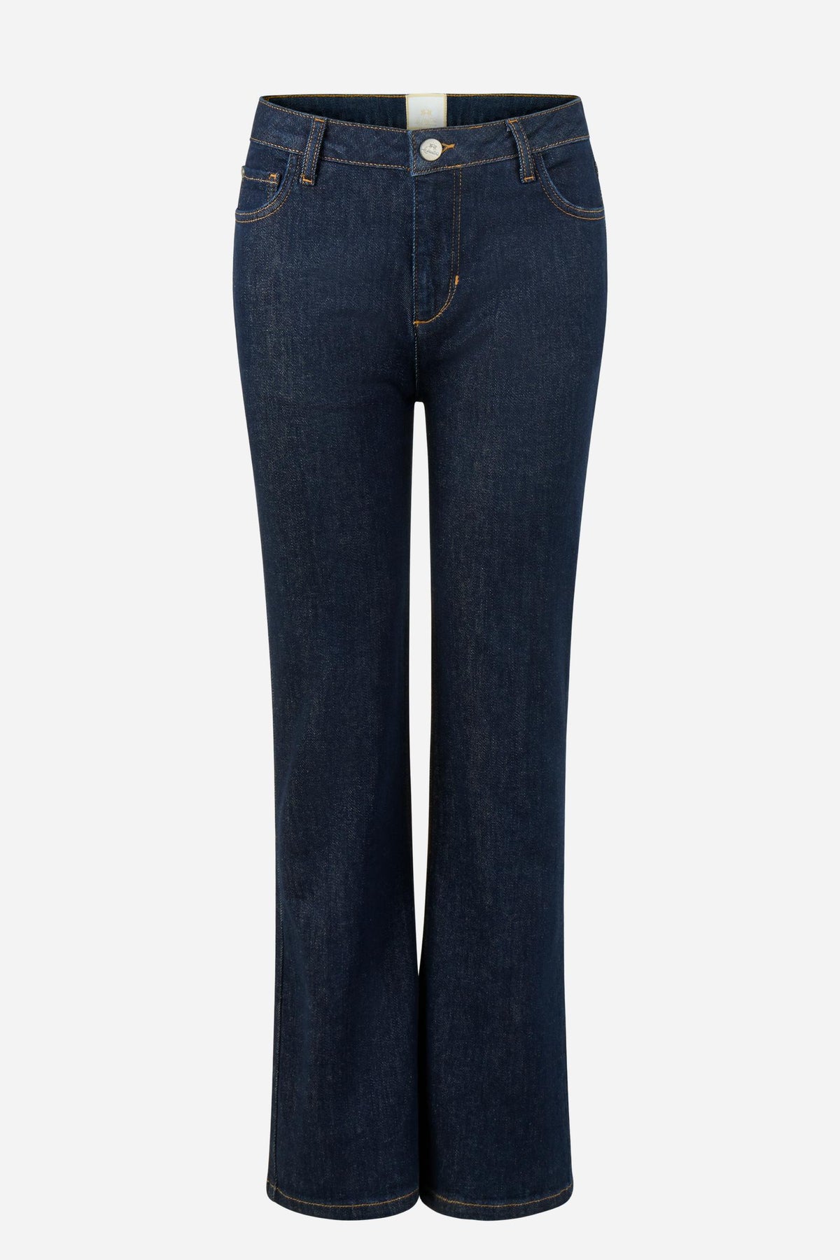 Women’s five-pocket denim trousers. Regular-fit style with straight leg, medium blue wash with stone-wash treatment and personalised leather patch. - EXTRA DARK DENIM