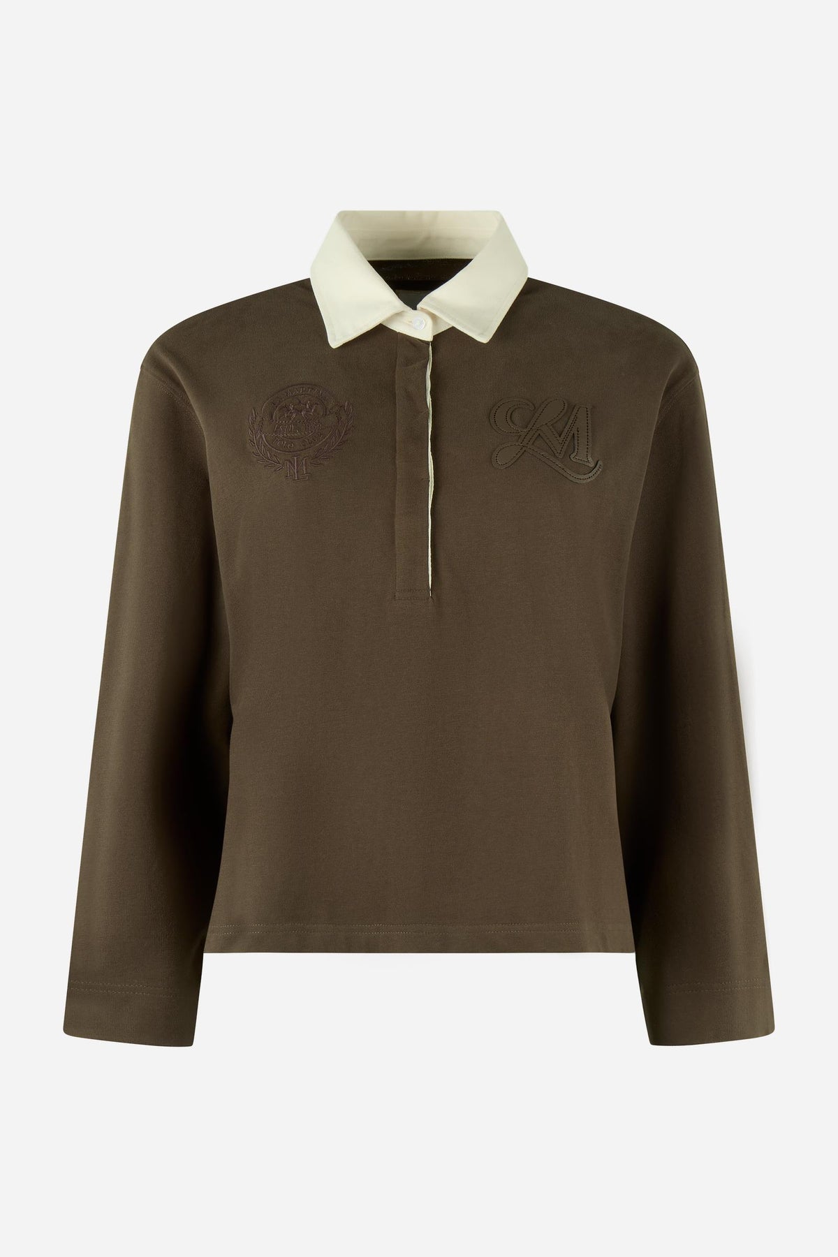 Women's long-sleeve polo in heavy-weight cotton jersey with a comfortable fit, straight cut, rugby collar, concealed front opening, embroidered crest, and LM patch. - Hot Fudge
