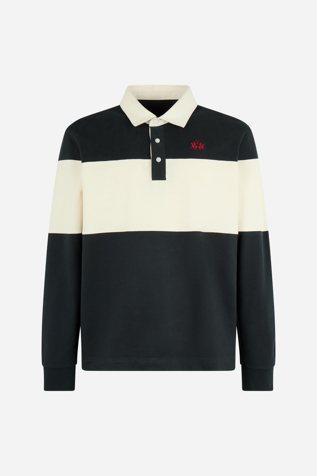 Men's long-sleeve polo in heavy 100% cotton jersey with two-tone collegiate color block, rugby construction, contrasting collar, and embroidered logo for comfor - Navy Blazer/Pristine