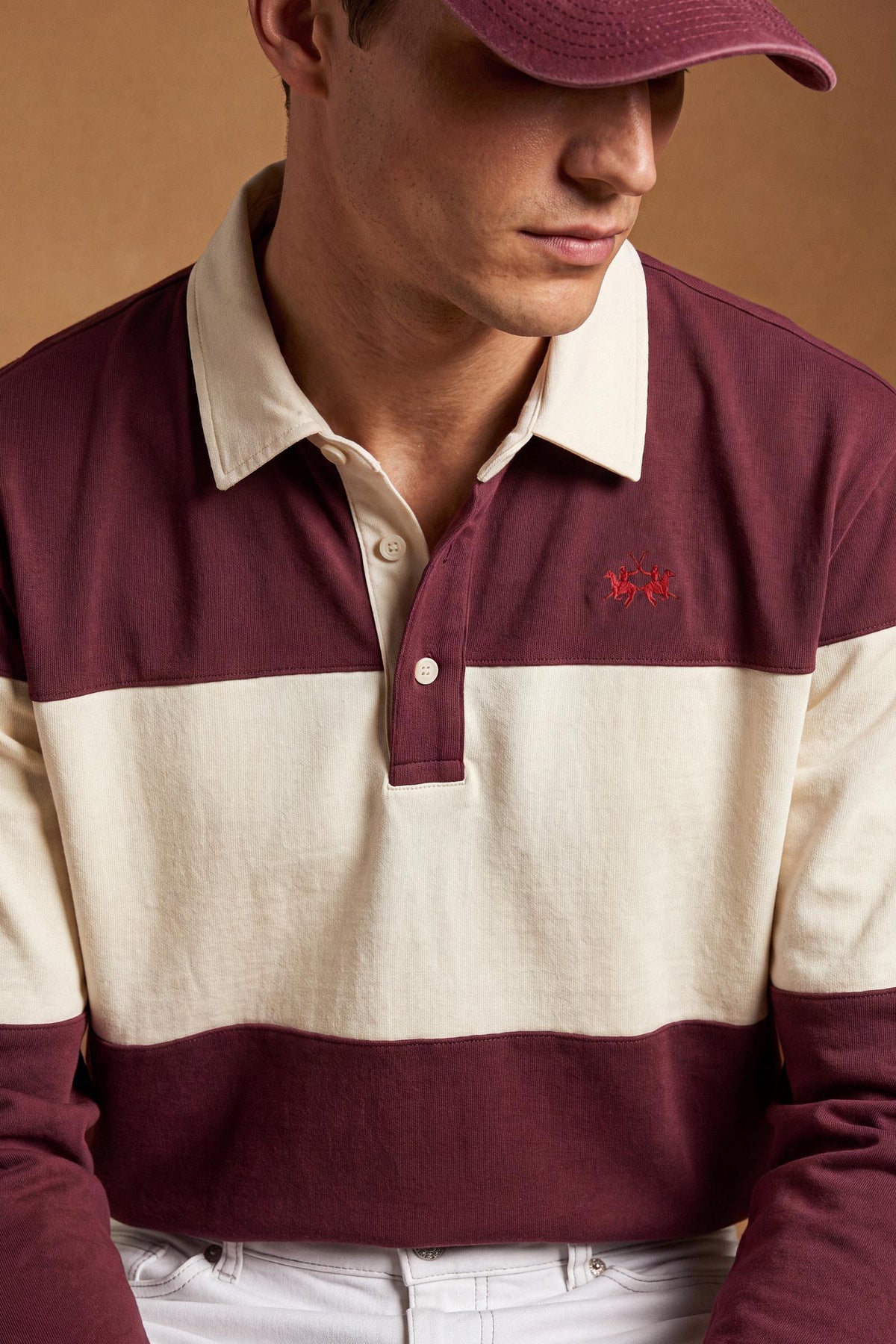 Men's long-sleeve polo in heavy 100% cotton jersey with two-tone collegiate color block, rugby construction, contrasting collar, and embroidered logo for comfor - Port Royale/Pristine