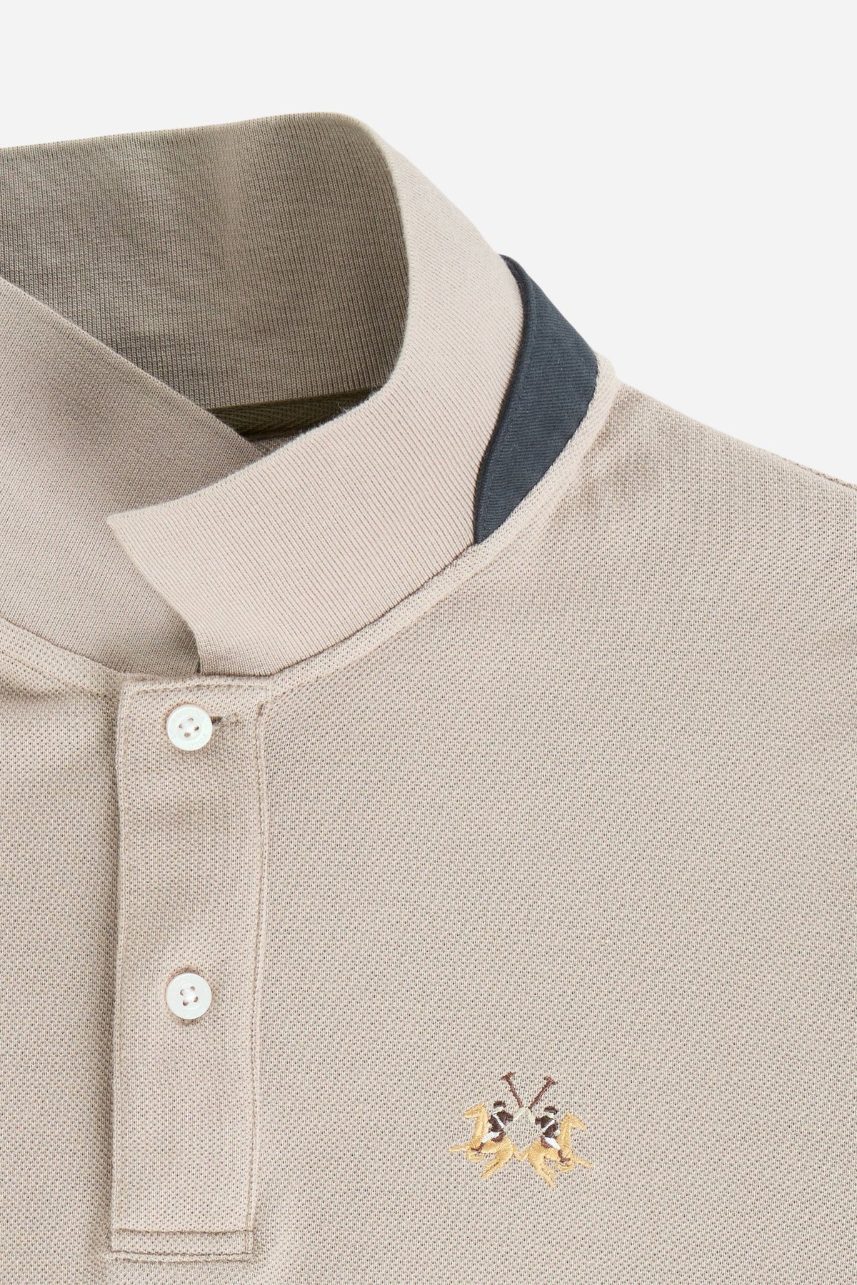 Men’s long-sleeve polo in stretch cotton piqué offers comfort, flexibility, a ribbed collar with contrasting gabardine detail, slim fit, and embroidered logo - Vintage Khaki