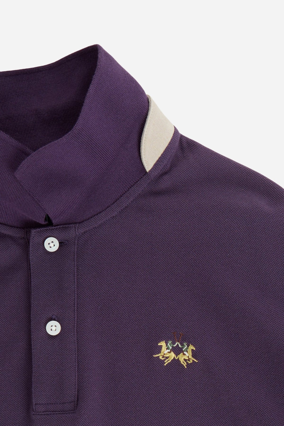 Men’s long-sleeve polo in stretch cotton piqué offers comfort, flexibility, a ribbed collar with contrasting gabardine detail, slim fit, and embroidered logo - Astral Aura