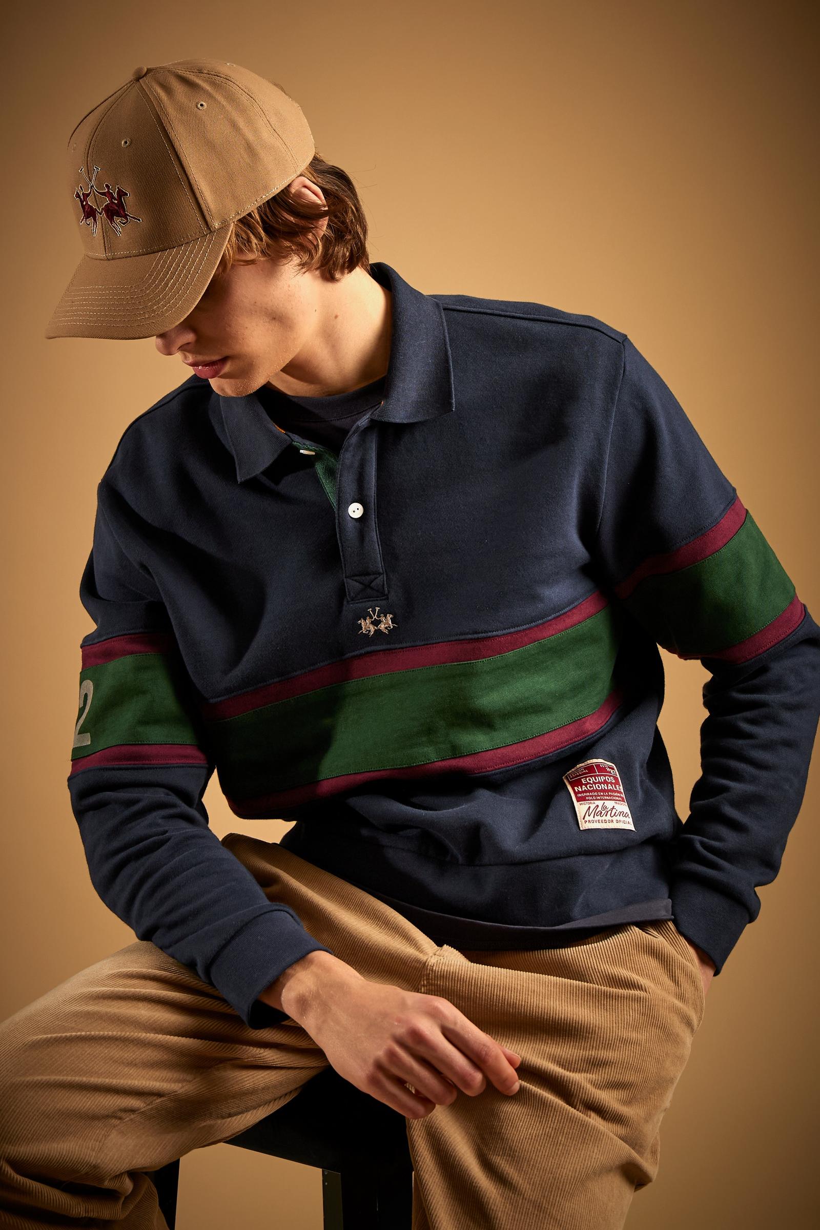 Men's rugby sweatshirt in brushed cotton with colored stripes - Damon